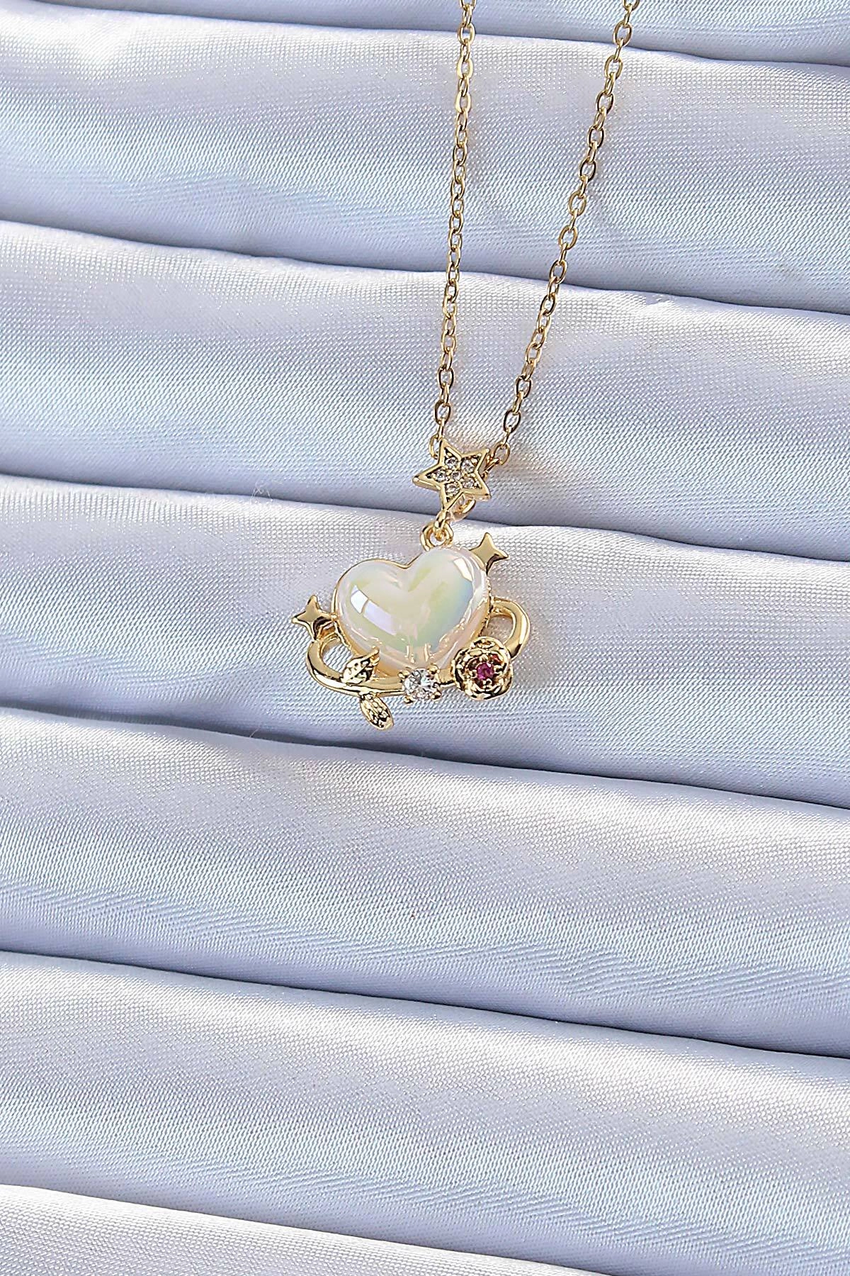 316L Çelik Zincir Altın Renk Zirkon Taşlı Gezegen Görünümlü Kalp Kolye-0