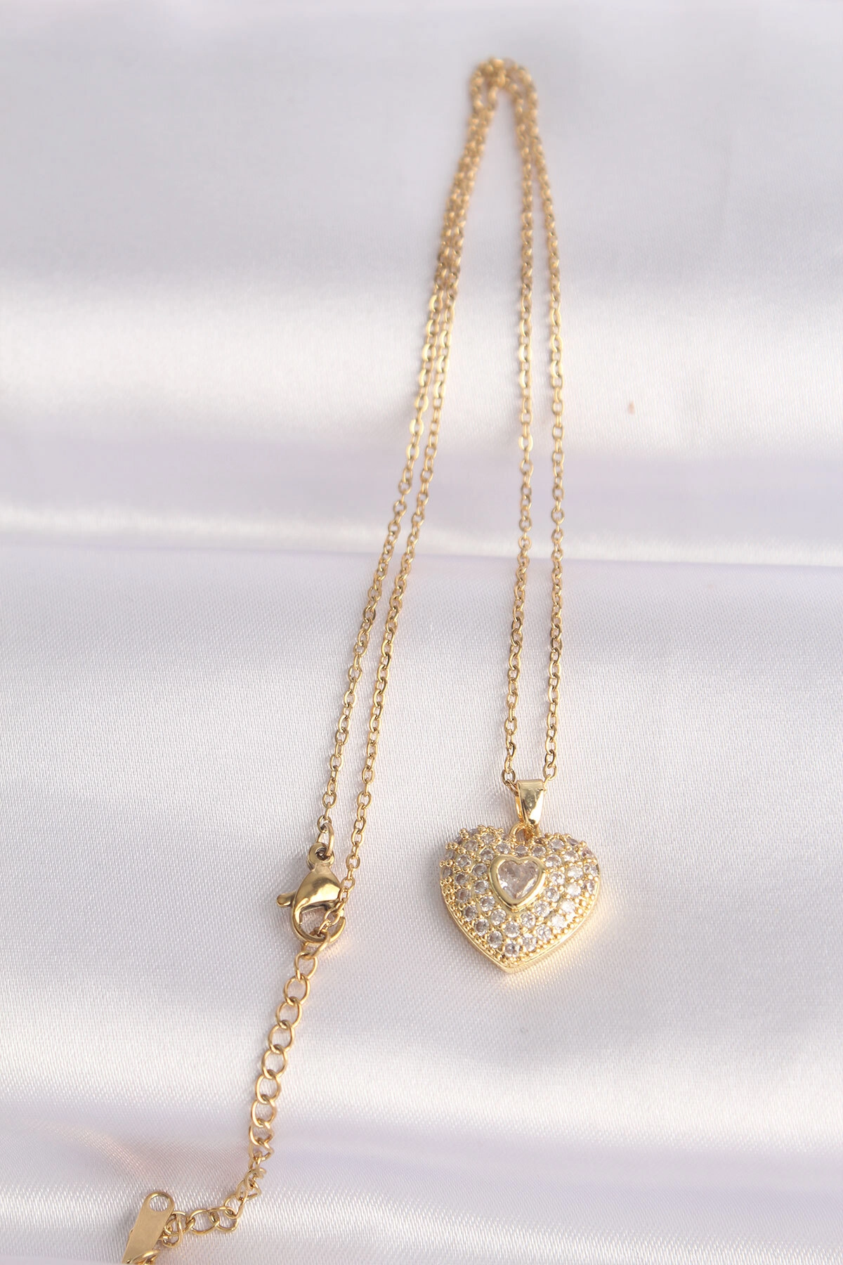 316L Çelik Zincir Altın Renk Zirkon Taşlı Kalp Kolye-1