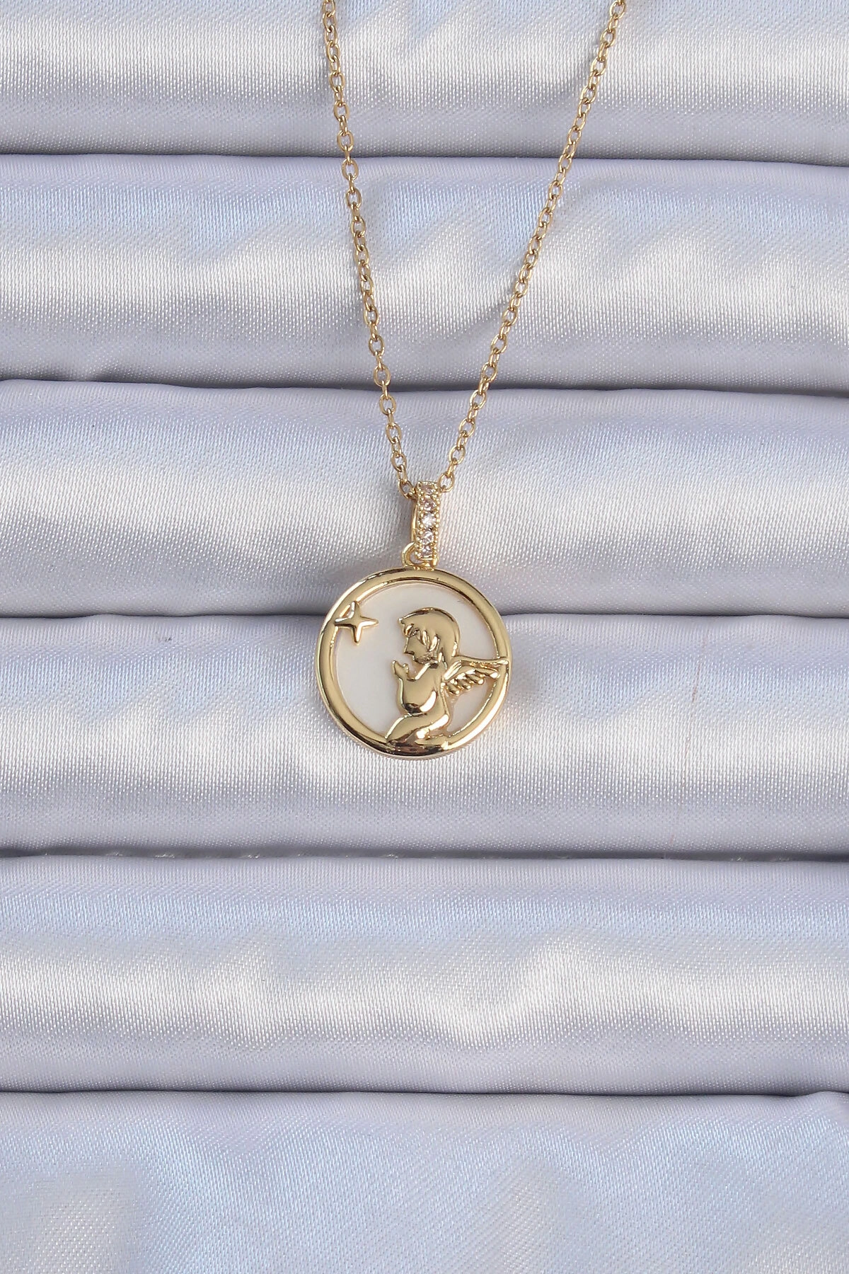 316L Çelik Zincir Altın Renk Zirkon Taşlı Mineli Melek Kolye-0