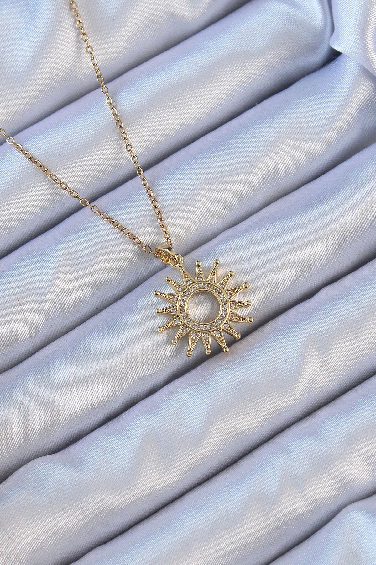 316L Çelik Zincir Altın Renk Zirkon Taşlı Parlayan Güneş Kolye-0