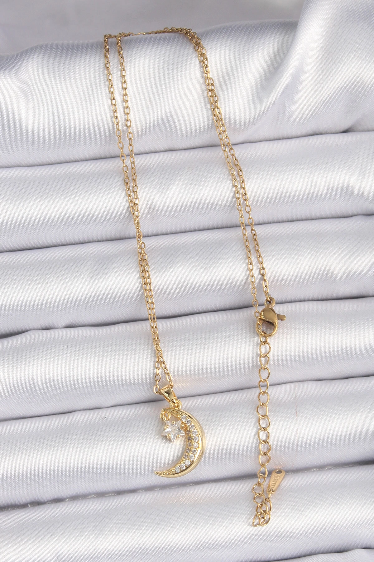 316L Çelik Zincir Altın Renk Zirkon Taşlı Sallantılı Ay Yıldız Kolye-1