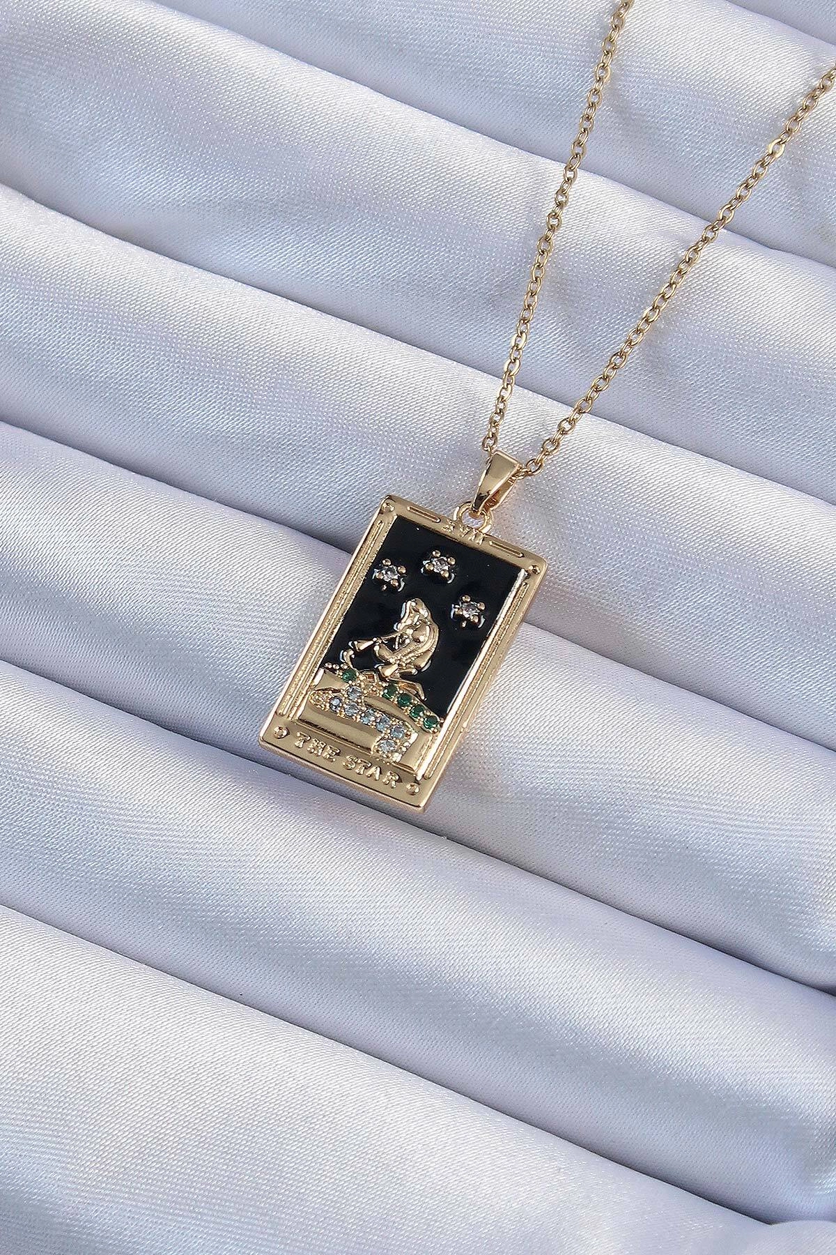 316L Çelik Zincir Altın Renk Zirkon Taşlı Siyah Mineli Kız Figürlü Tarot Kolye-0