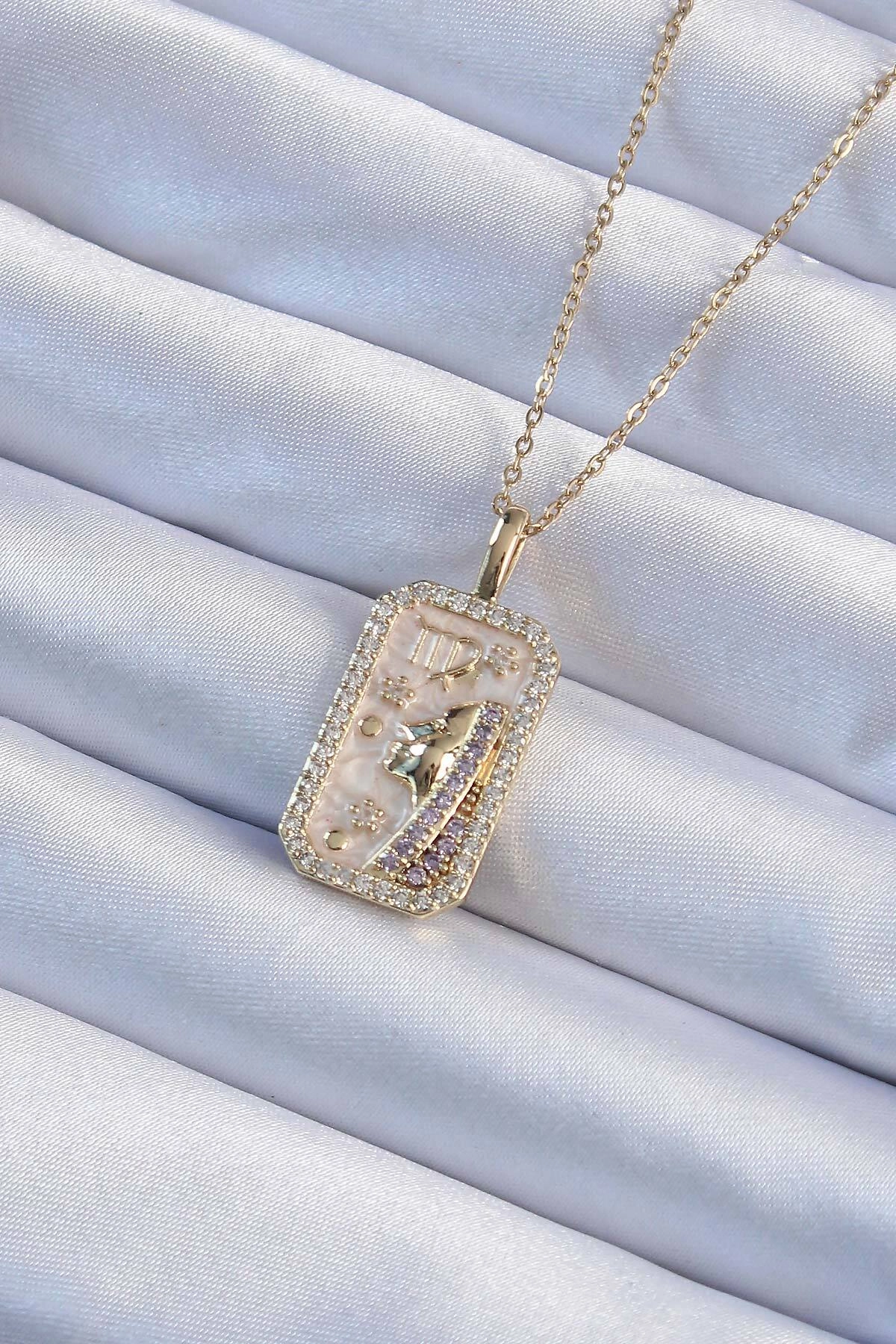 316L Çelik Zincir Altın Renk Zirkon Taşlı Yüz Figürlü Tarot Kolye-0