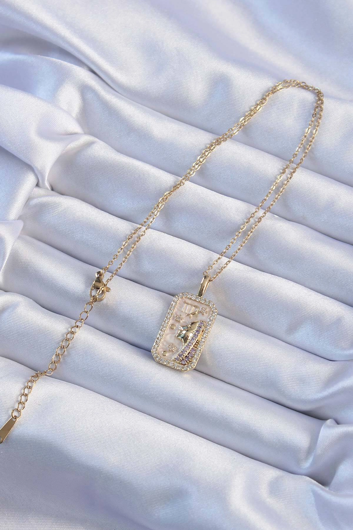 316L Çelik Zincir Altın Renk Zirkon Taşlı Yüz Figürlü Tarot Kolye-1