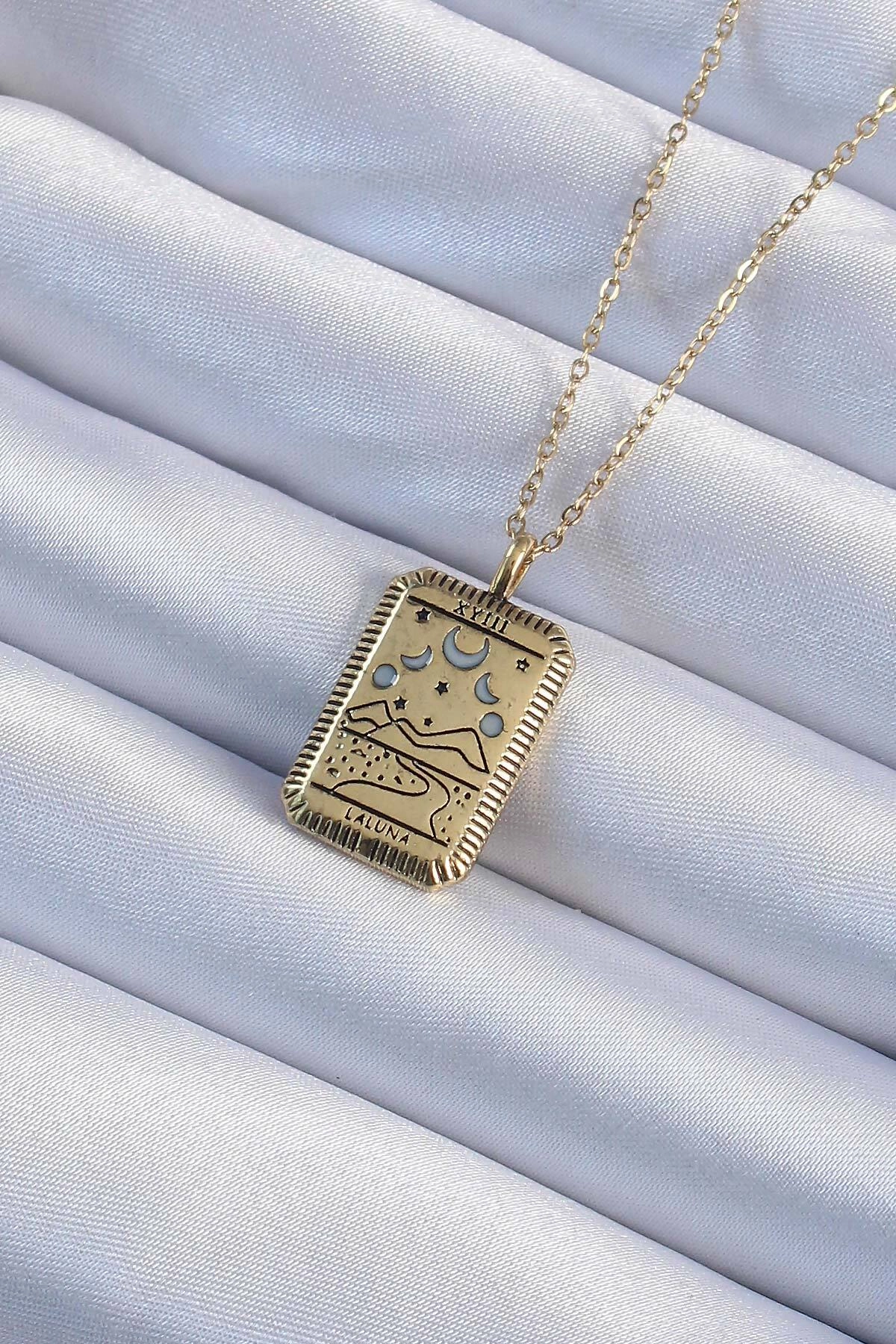 316L Çelik Zincir Eskitme Altın Renk Ay Figürlü Tarot Kolye-0