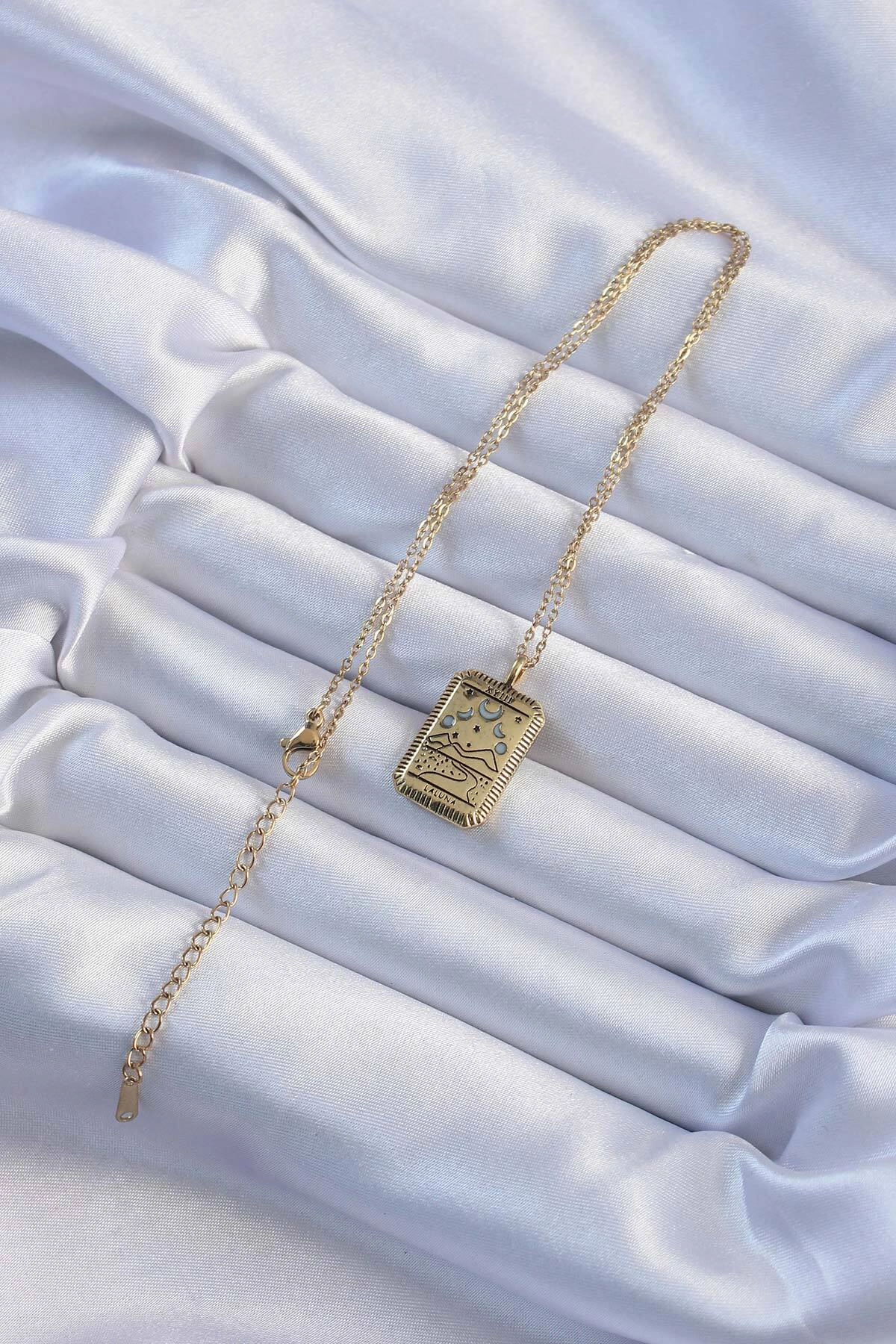 316L Çelik Zincir Eskitme Altın Renk Ay Figürlü Tarot Kolye-1