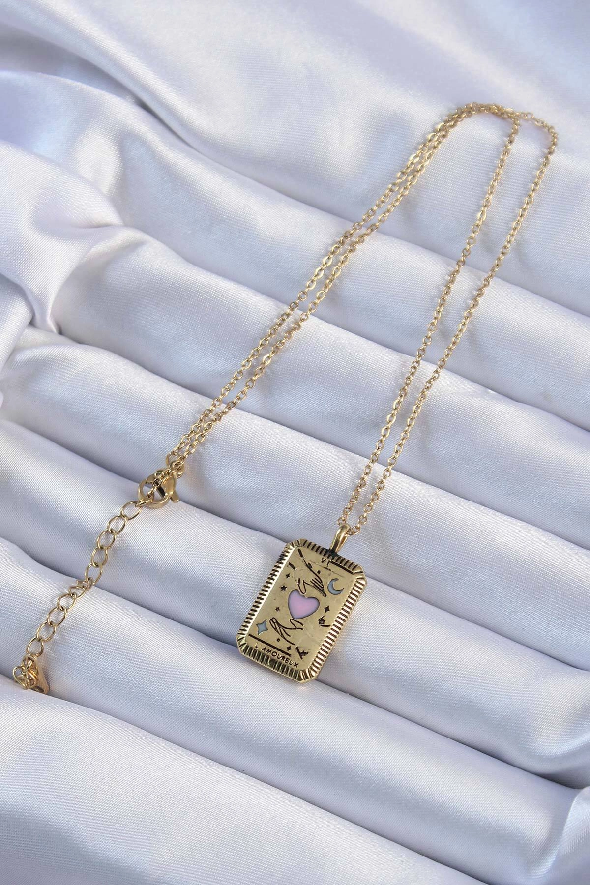 316L Çelik Zincir Eskitme Altın Renk Pembe Mineli Kalp Figürlü Tarot Kolye-1