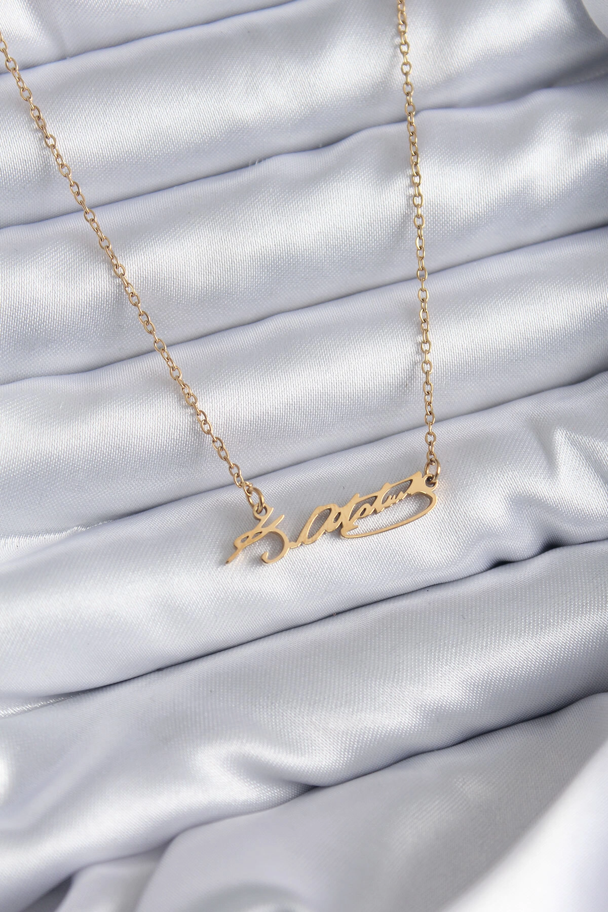 316L Çelik Zincir Gold Renk Atatürk İmzası Model Kadın Kolye-0