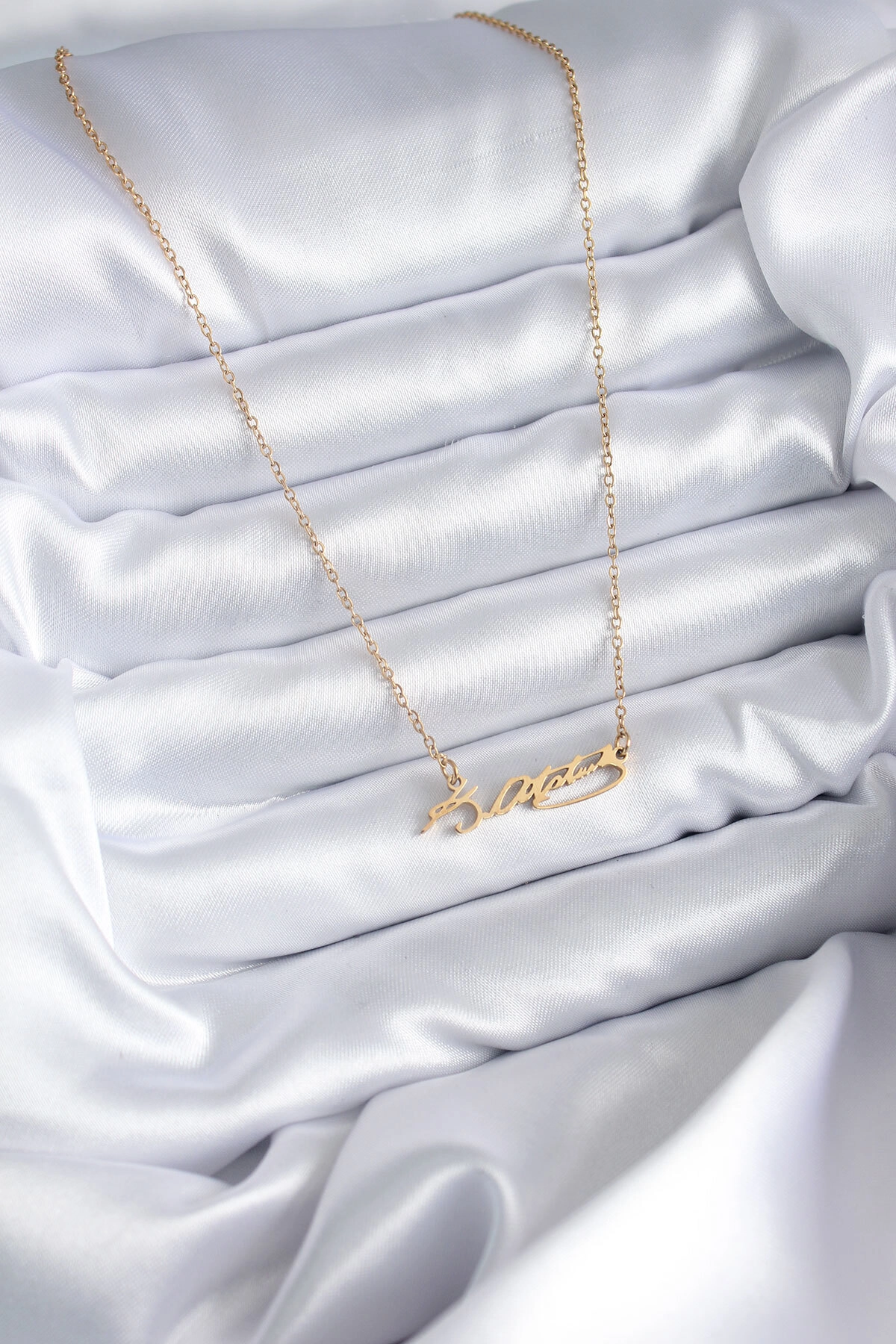 316L Çelik Zincir Gold Renk Atatürk İmzası Model Kadın Kolye-1