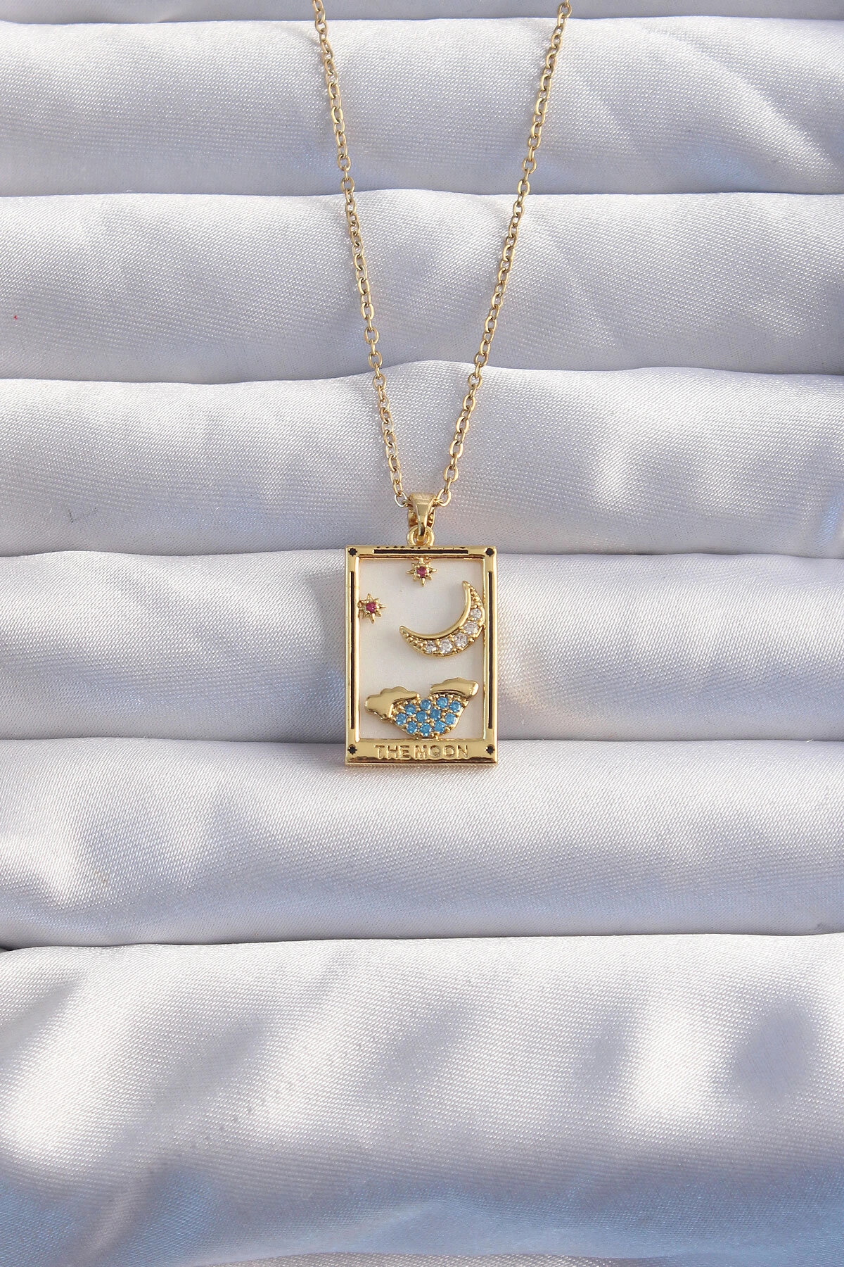 316L Çelik Zincir Gold Renk Ay Detay Mavi Zirkon Taşlı Tarot Kolye-0