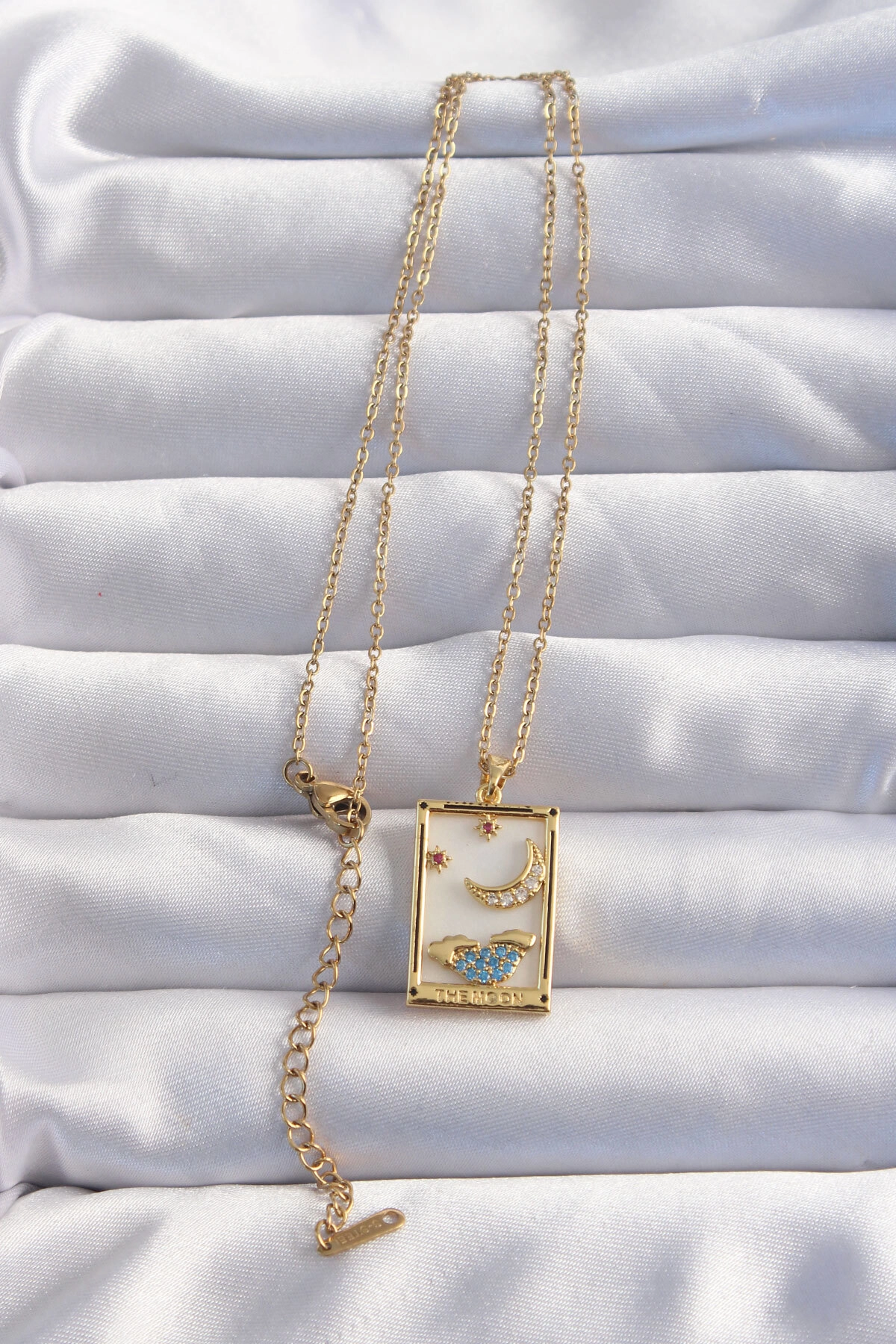 316L Çelik Zincir Gold Renk Ay Detay Mavi Zirkon Taşlı Tarot Kolye-1
