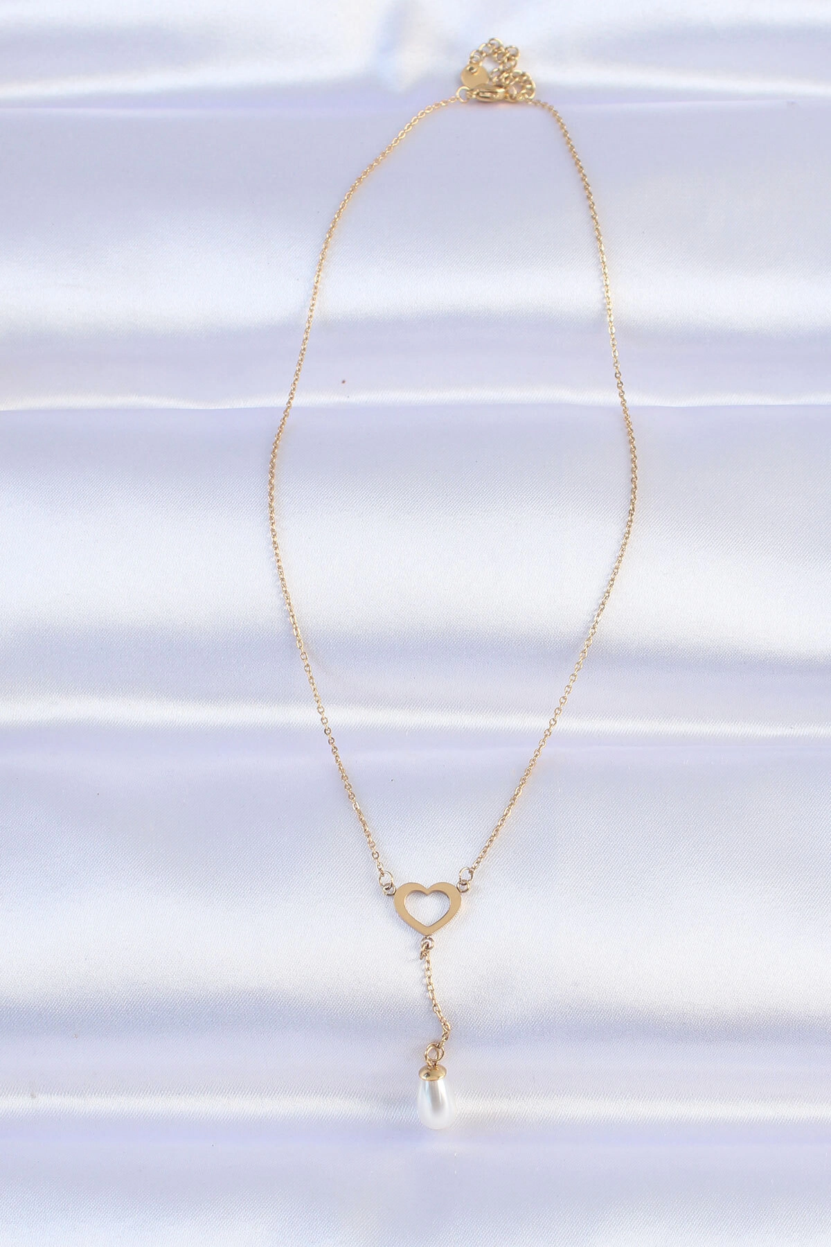316L Çelik Zincir Gold Renk İnci Taş Detay Kalp Kolye-1