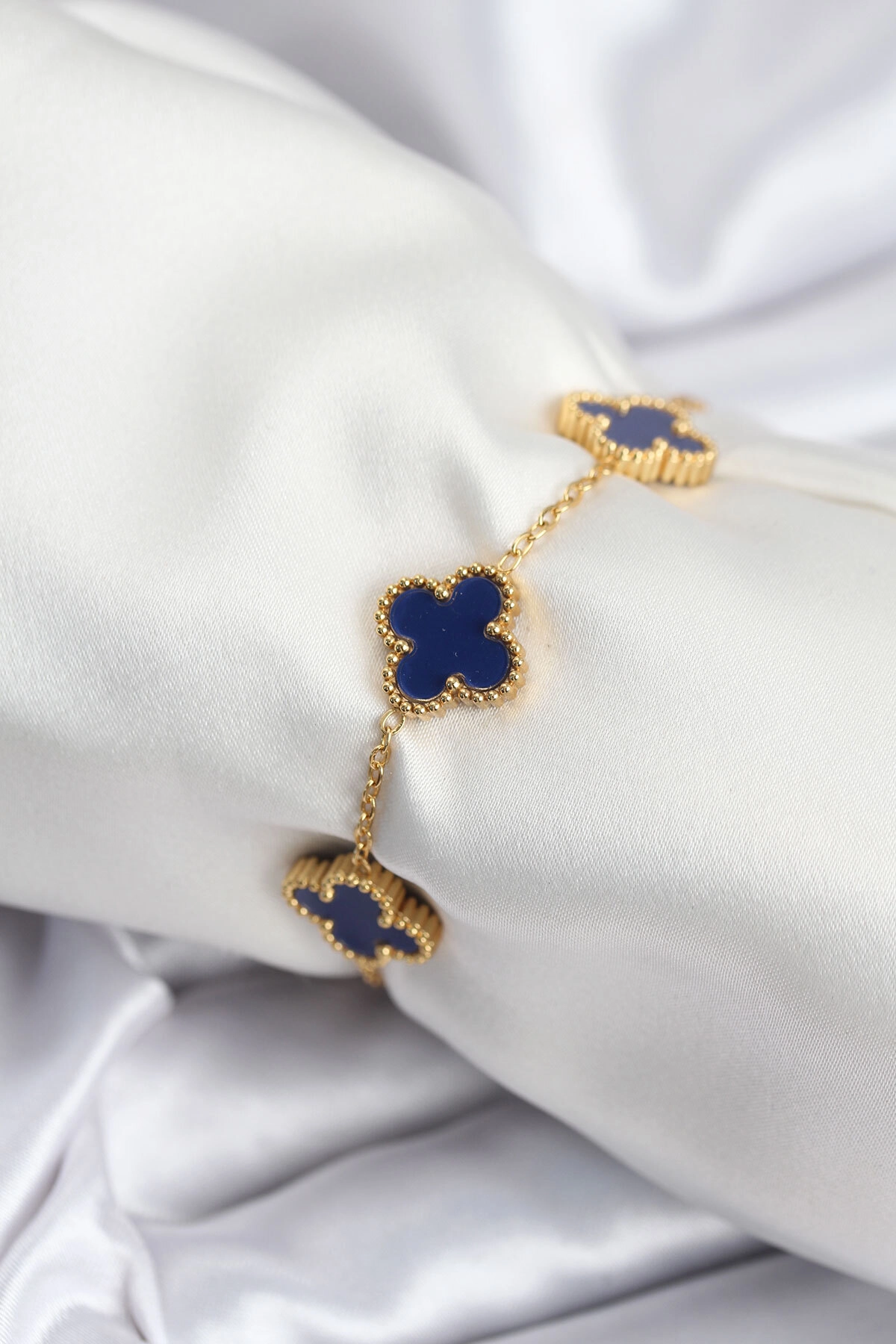 316L Çelik Zincir Gold Renk Lacivert Yonca Kadın Bileklik-0