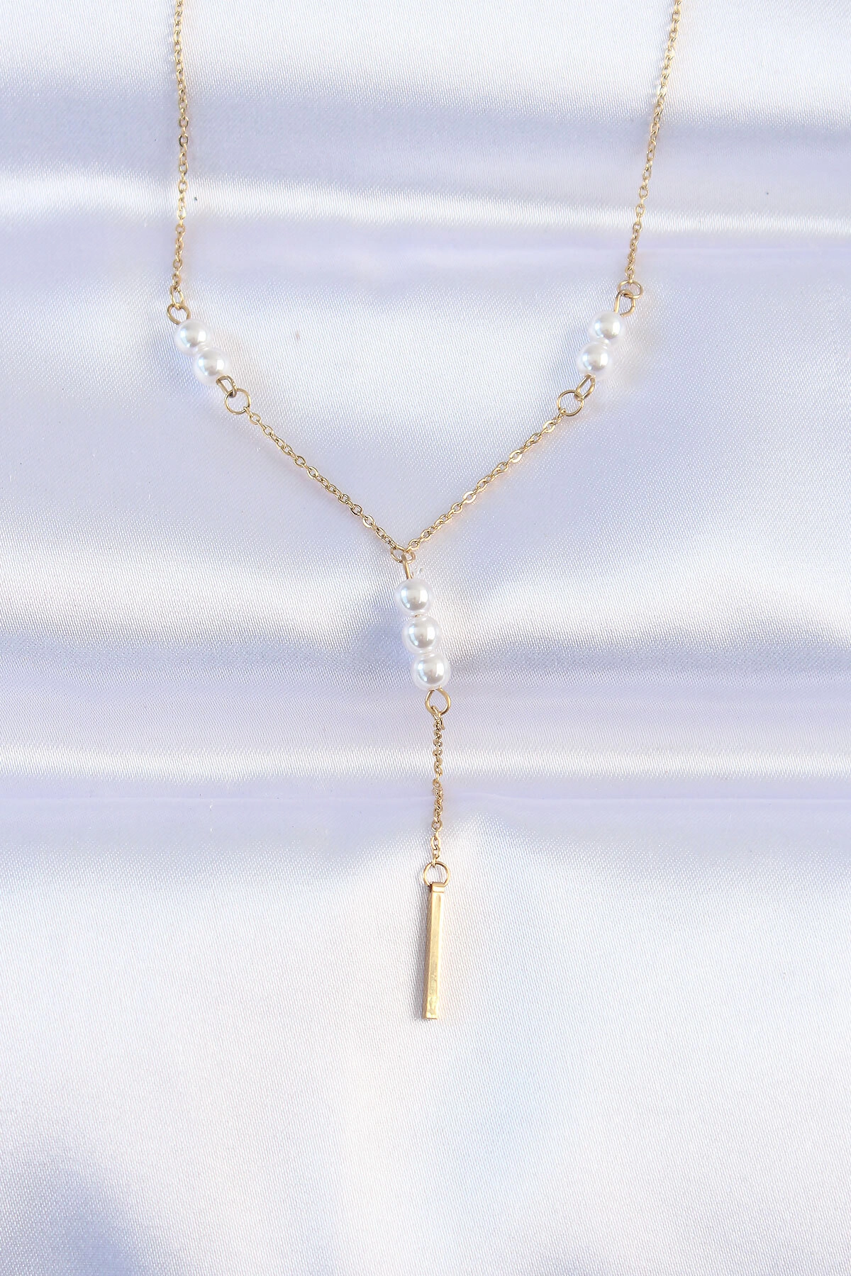 316L Çelik Zincir Gold Renk Minimal İnci Taşlı Sallantılı Kolye-0