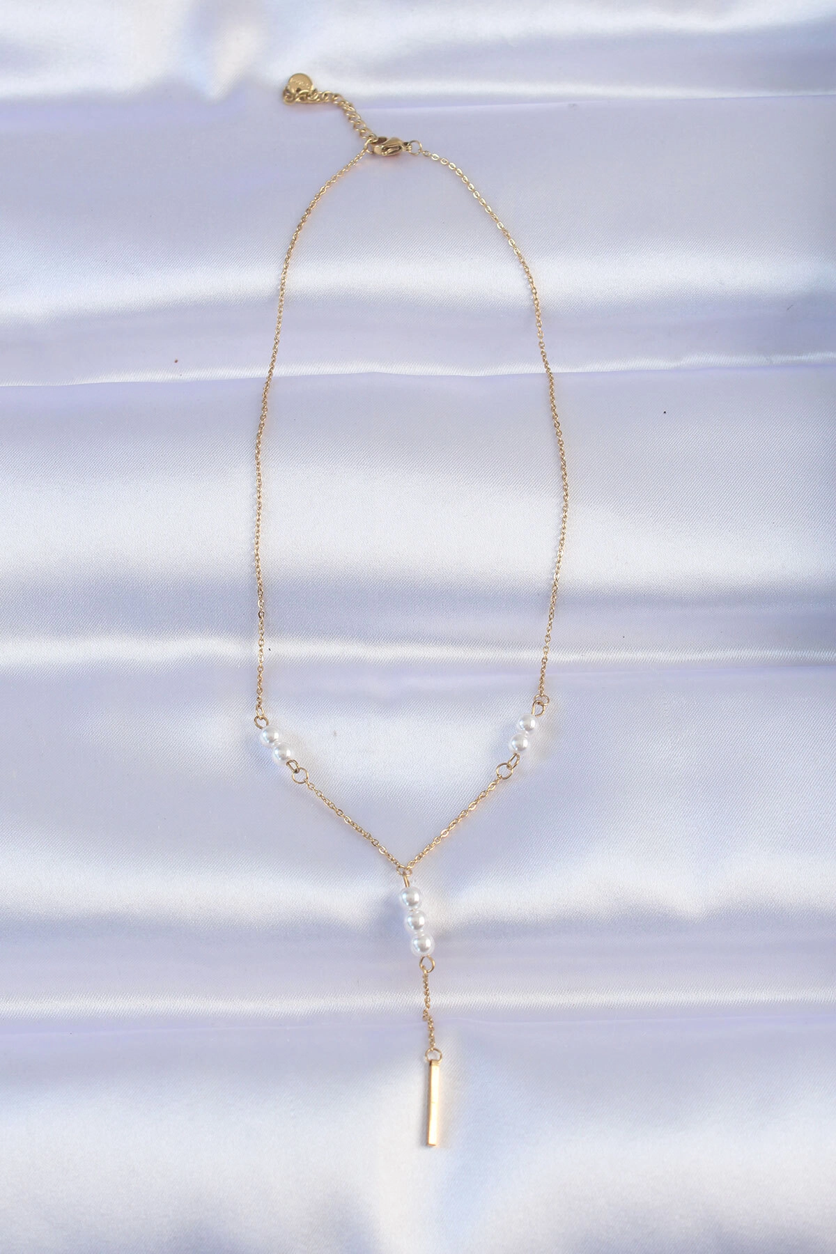 316L Çelik Zincir Gold Renk Minimal İnci Taşlı Sallantılı Kolye-1