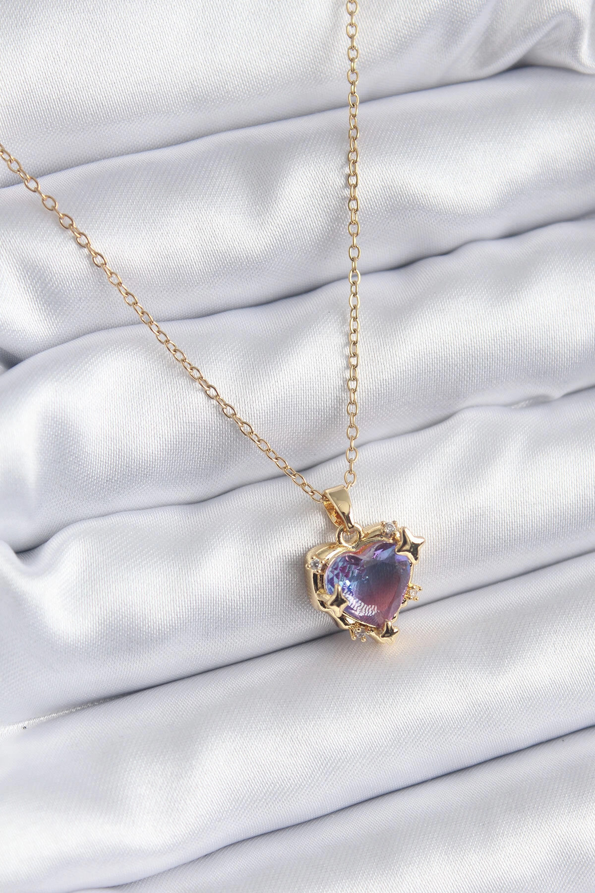 316L Çelik Zincir Gold Renk Mor Renk Zirkon Taşlı Kalp Model Kadın Kolye-0