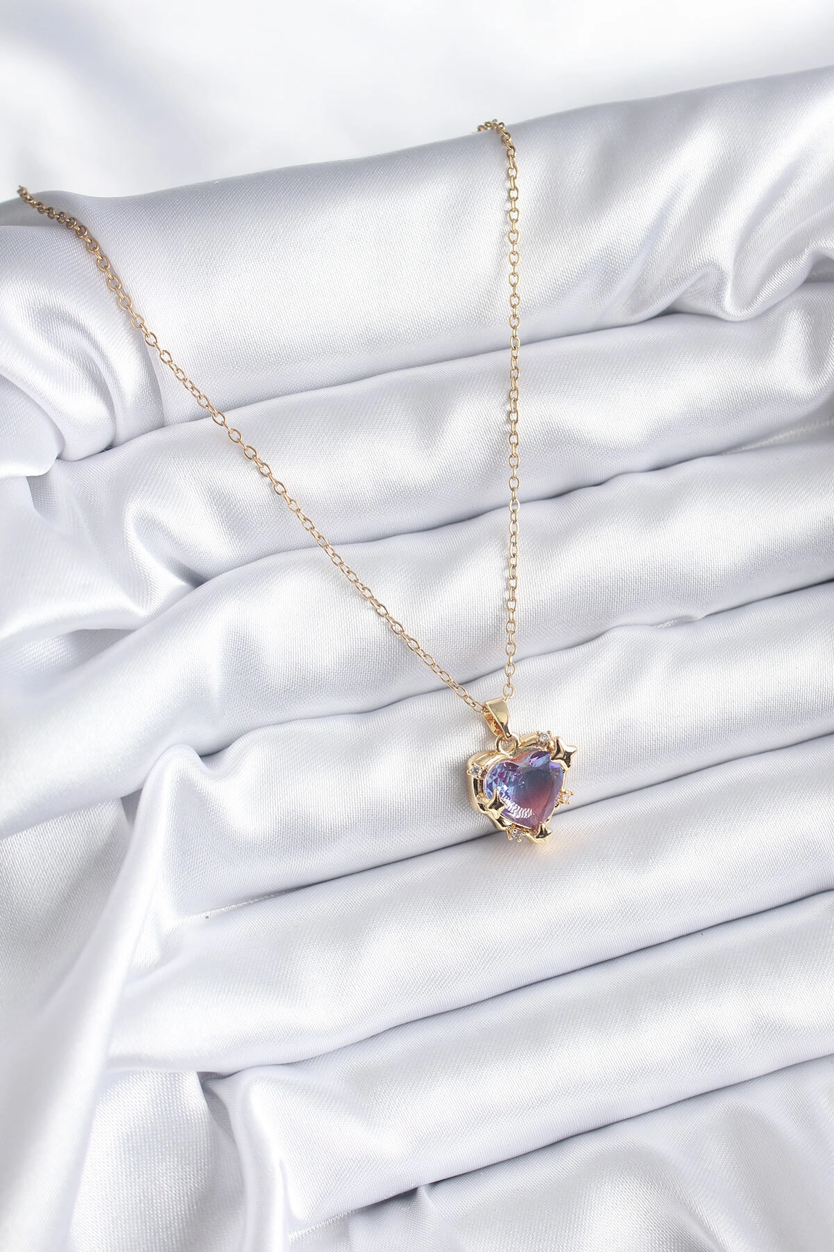 316L Çelik Zincir Gold Renk Mor Renk Zirkon Taşlı Kalp Model Kadın Kolye-1