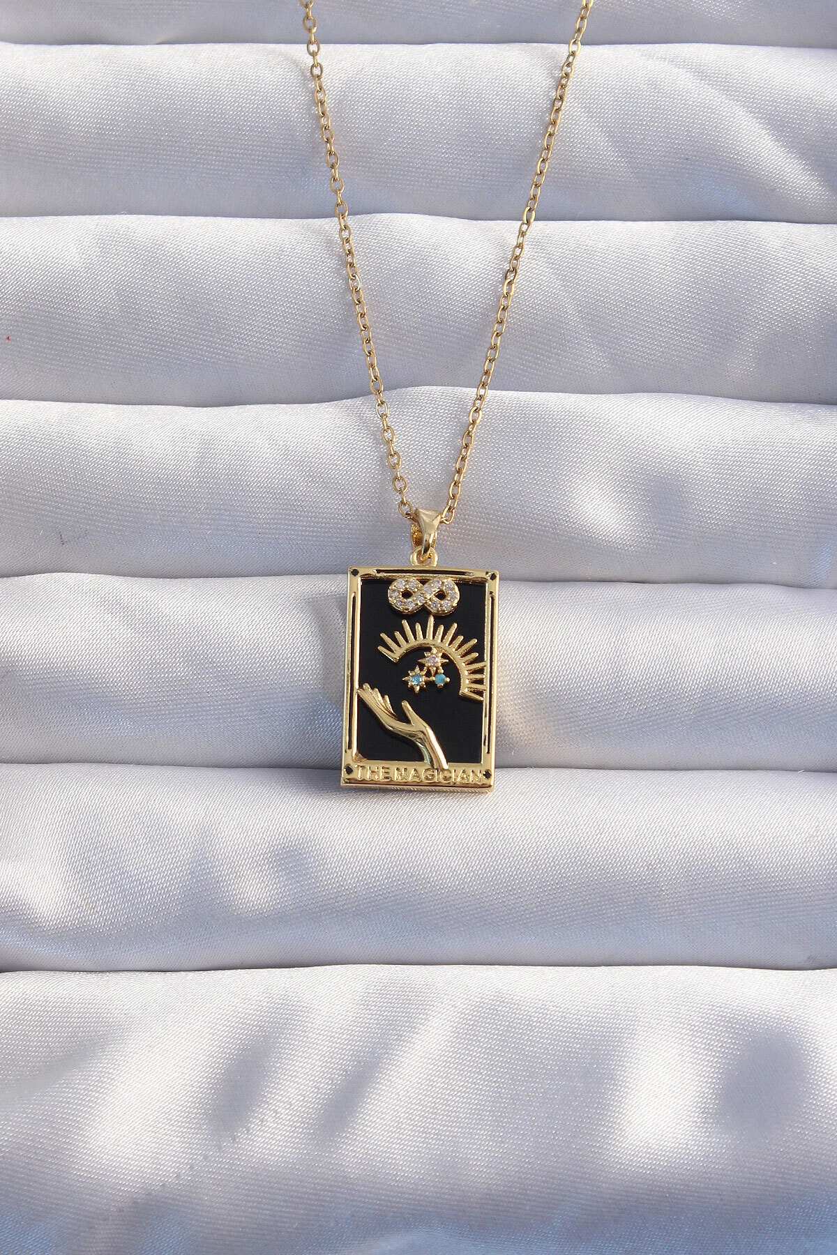 316L Çelik Zincir Gold Renk Sonsuzluk Detay Zirkon Taşlı Tarot Kolye-0