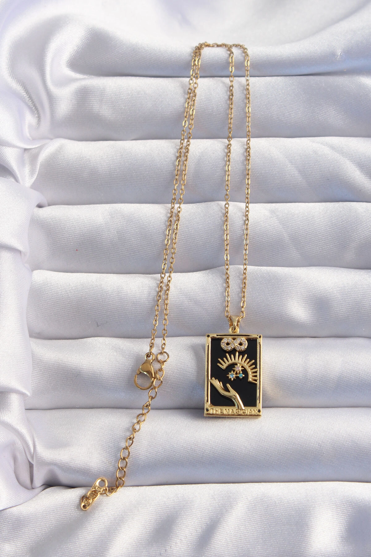 316L Çelik Zincir Gold Renk Sonsuzluk Detay Zirkon Taşlı Tarot Kolye-1