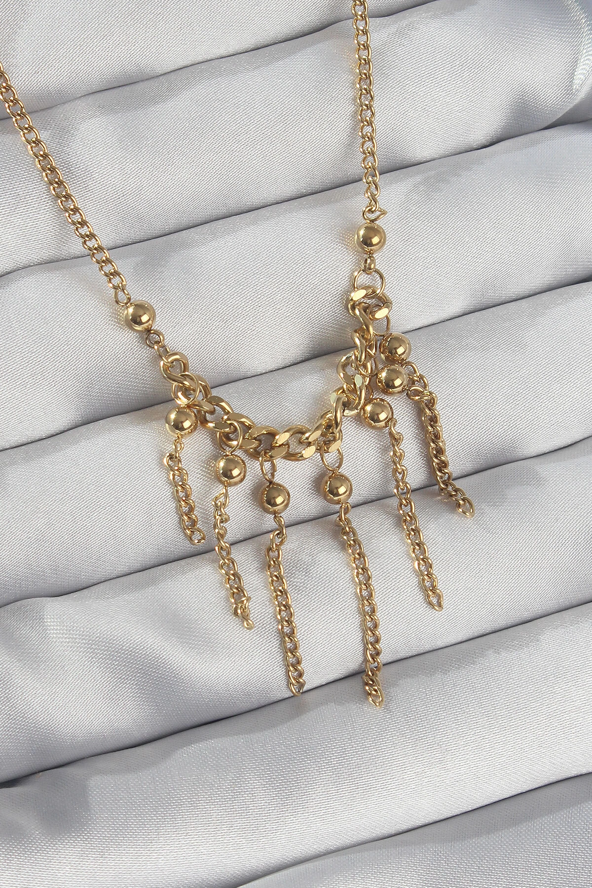 316L Çelik Zincir Gold Renk Topçuk Detay Sallantılı Zincir Kolye-0