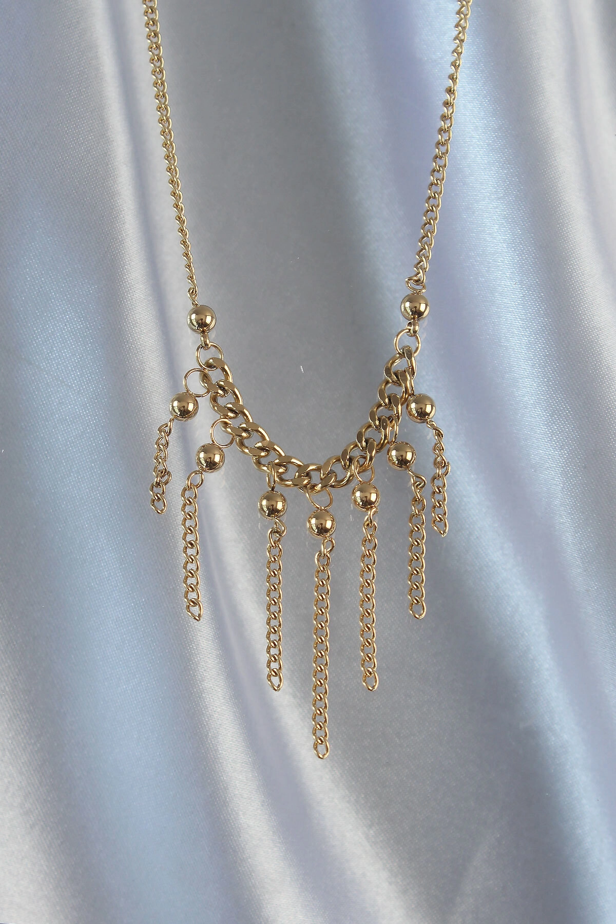 316L Çelik Zincir Gold Renk Topçuk Detay Sallantılı Zincir Kolye-1