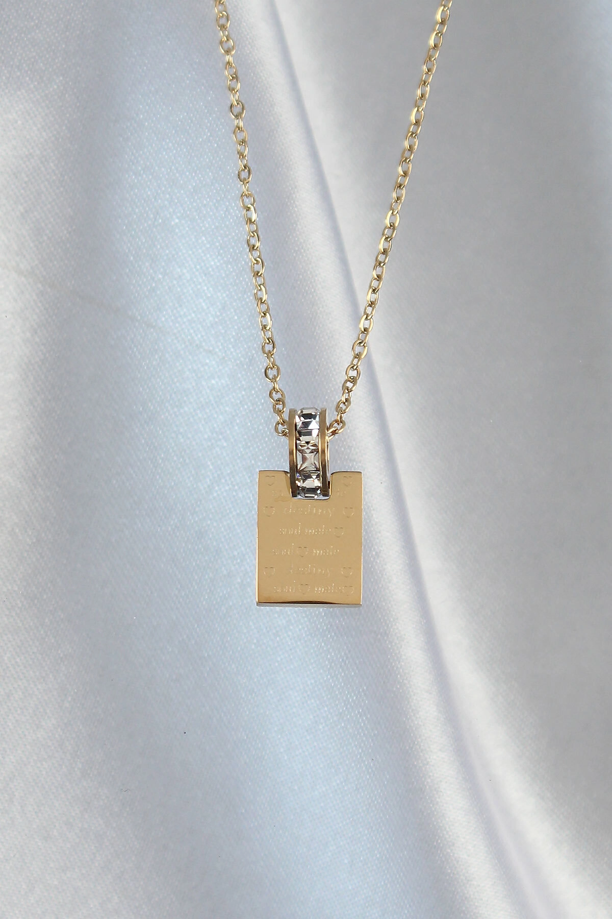 316L Çelik Zincir Gold Renk Zirkon Taşlı Aşk Mektubu Kolye-0