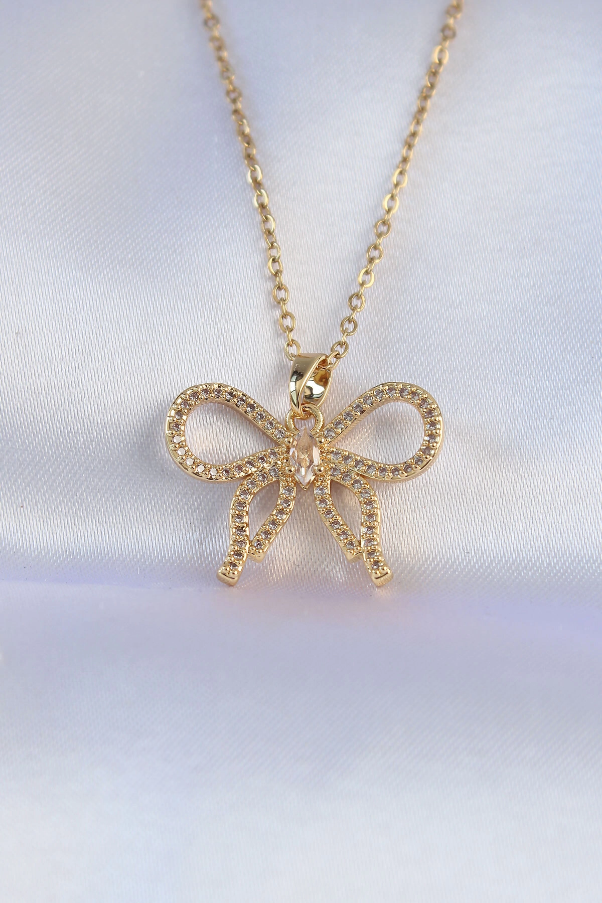 316L Çelik Zincir Gold Renk Zirkon Taşlı Fiyonk Kolye-0