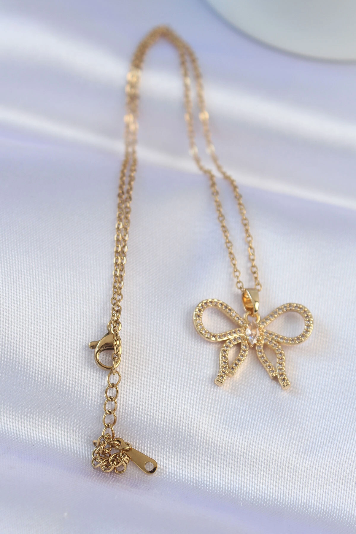 316L Çelik Zincir Gold Renk Zirkon Taşlı Fiyonk Kolye-1