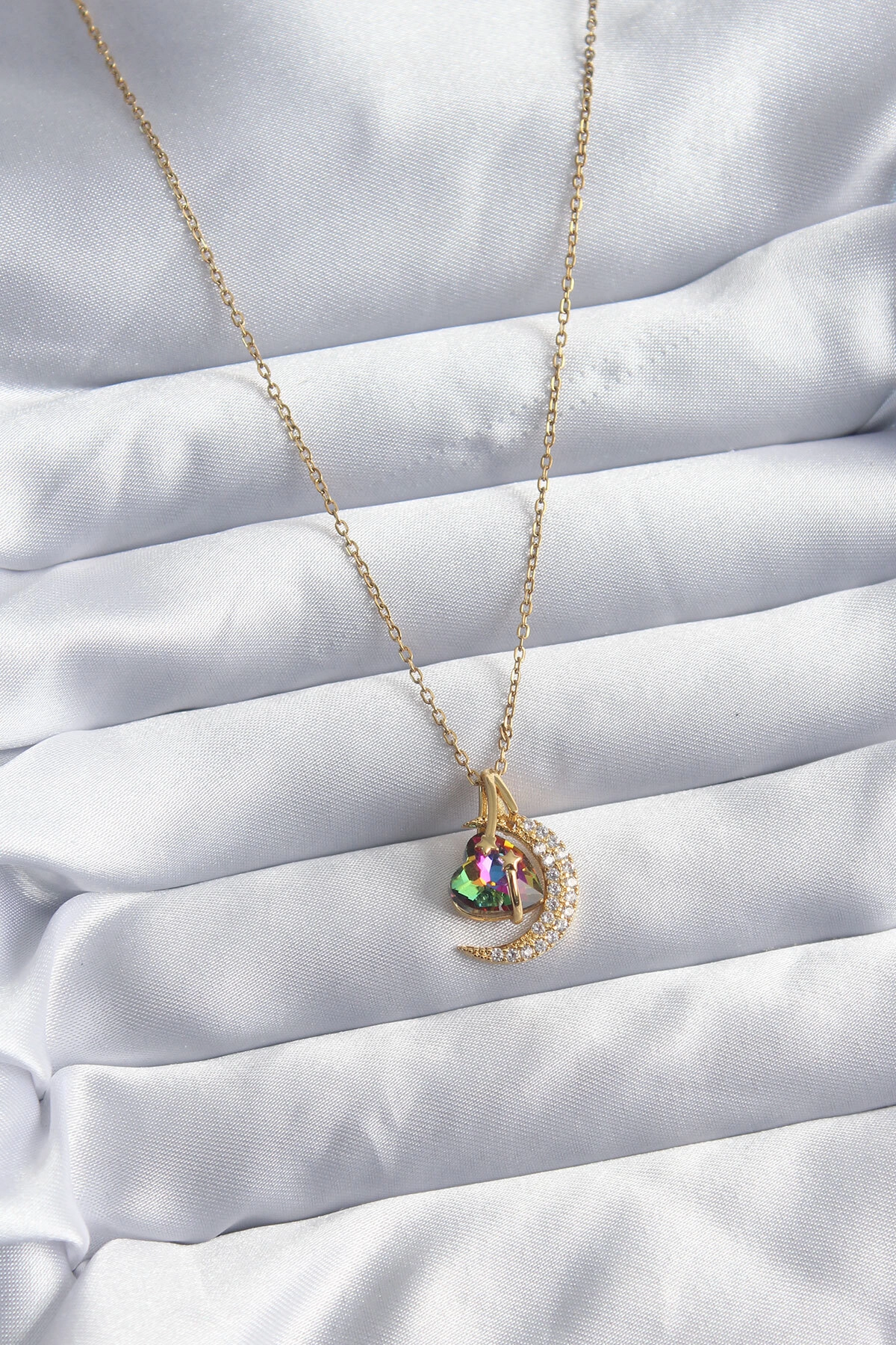 316L Çelik Zincir Gold Renk Zirkon Taşlı Hilal Kristal Kalp Model Kadın Kolye-0