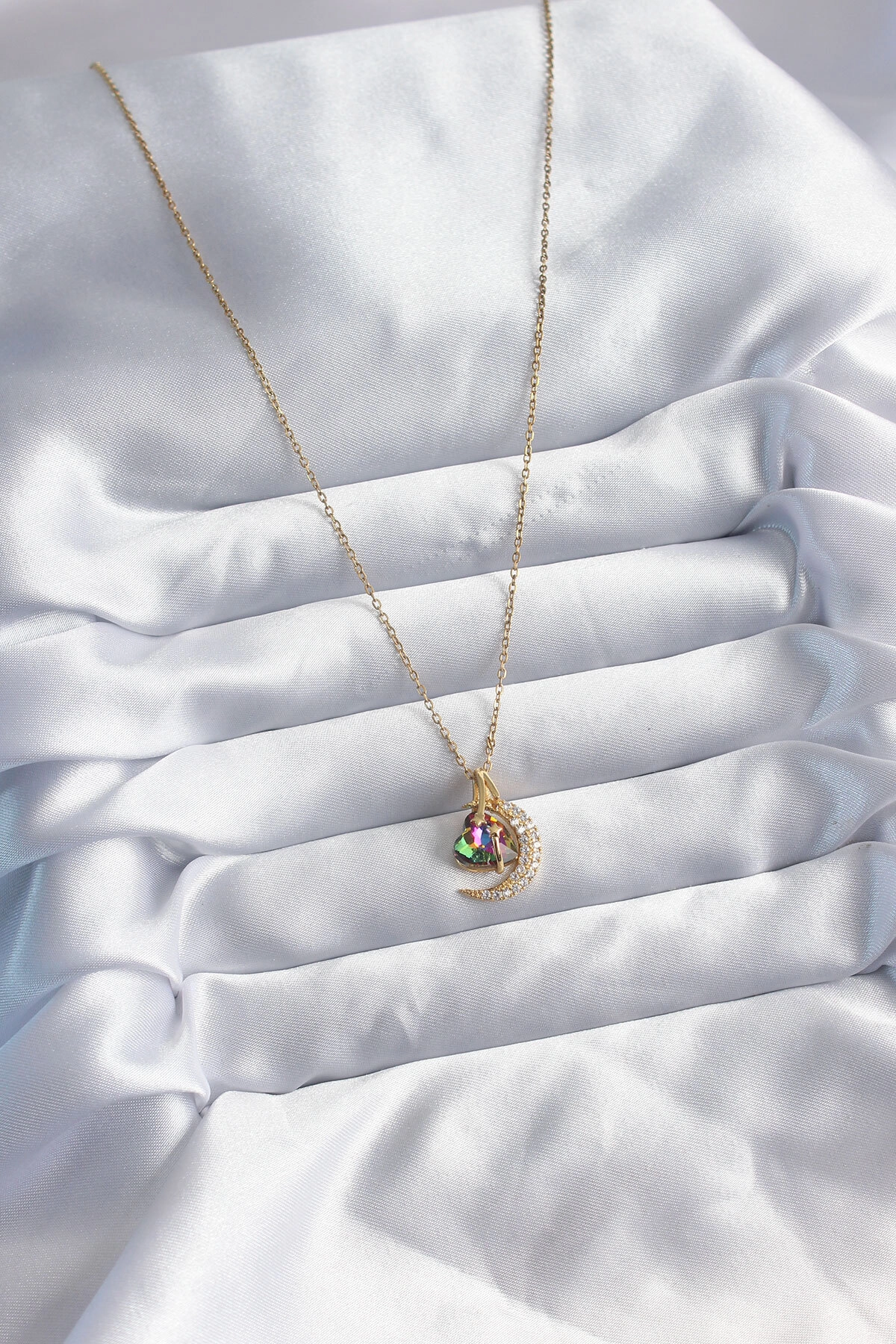 316L Çelik Zincir Gold Renk Zirkon Taşlı Hilal Kristal Kalp Model Kadın Kolye-1