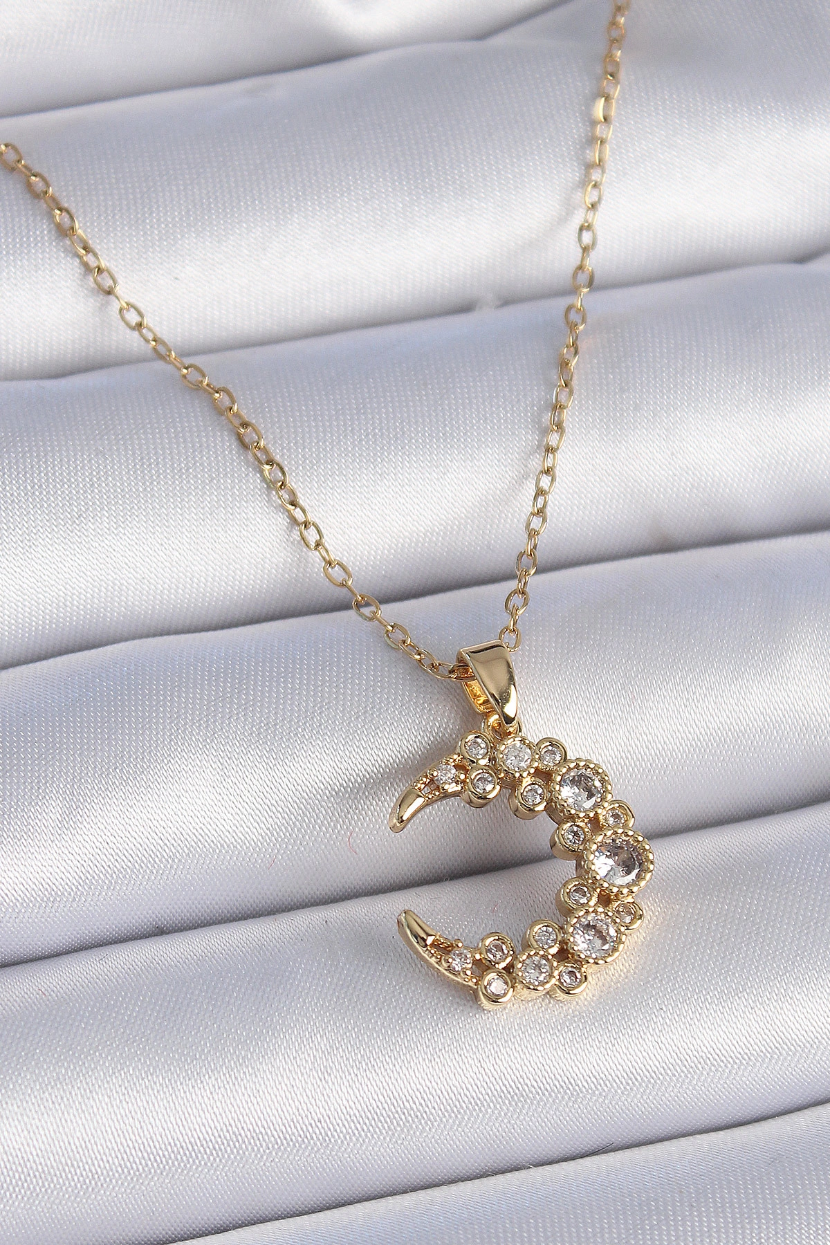 316L Çelik Zincir Gold Renk Zirkon Taşlı Hilal Model Kadın Kolye-0
