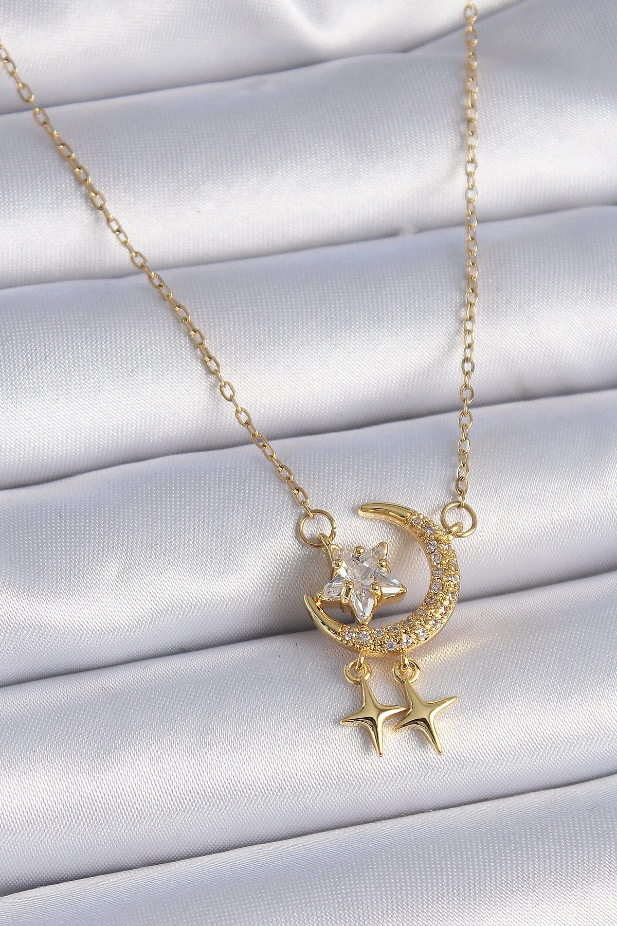 316L Çelik Zincir Gold Renk Zirkon Taşlı Hilal Model Yıldız Detay Kadın Kolye-0