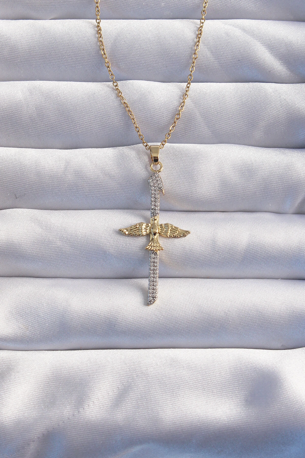 316L Çelik Zincir Gold Renkli Zirkon Taşlı Anka Kuşu Kolye-0