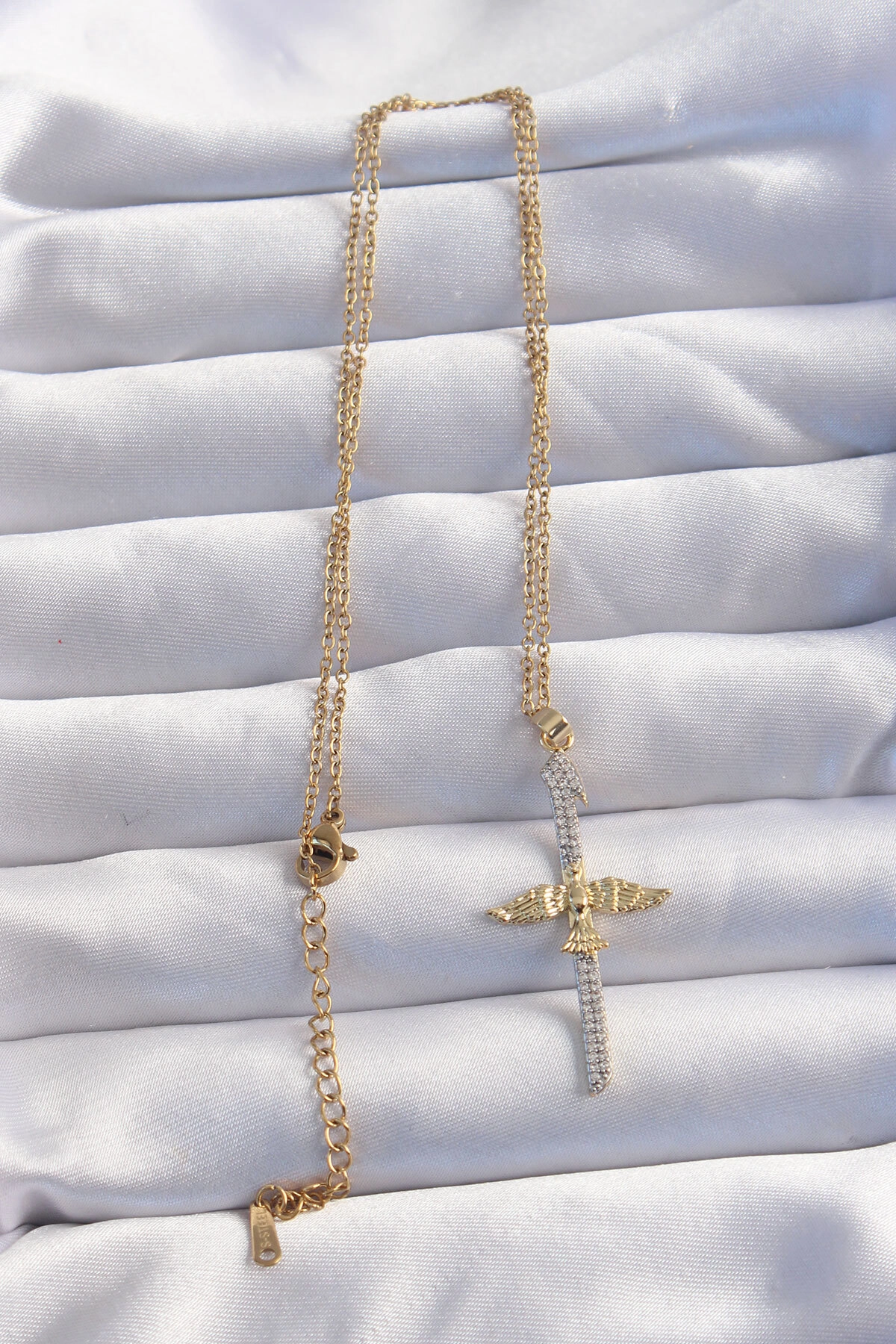316L Çelik Zincir Gold Renkli Zirkon Taşlı Anka Kuşu Kolye-1