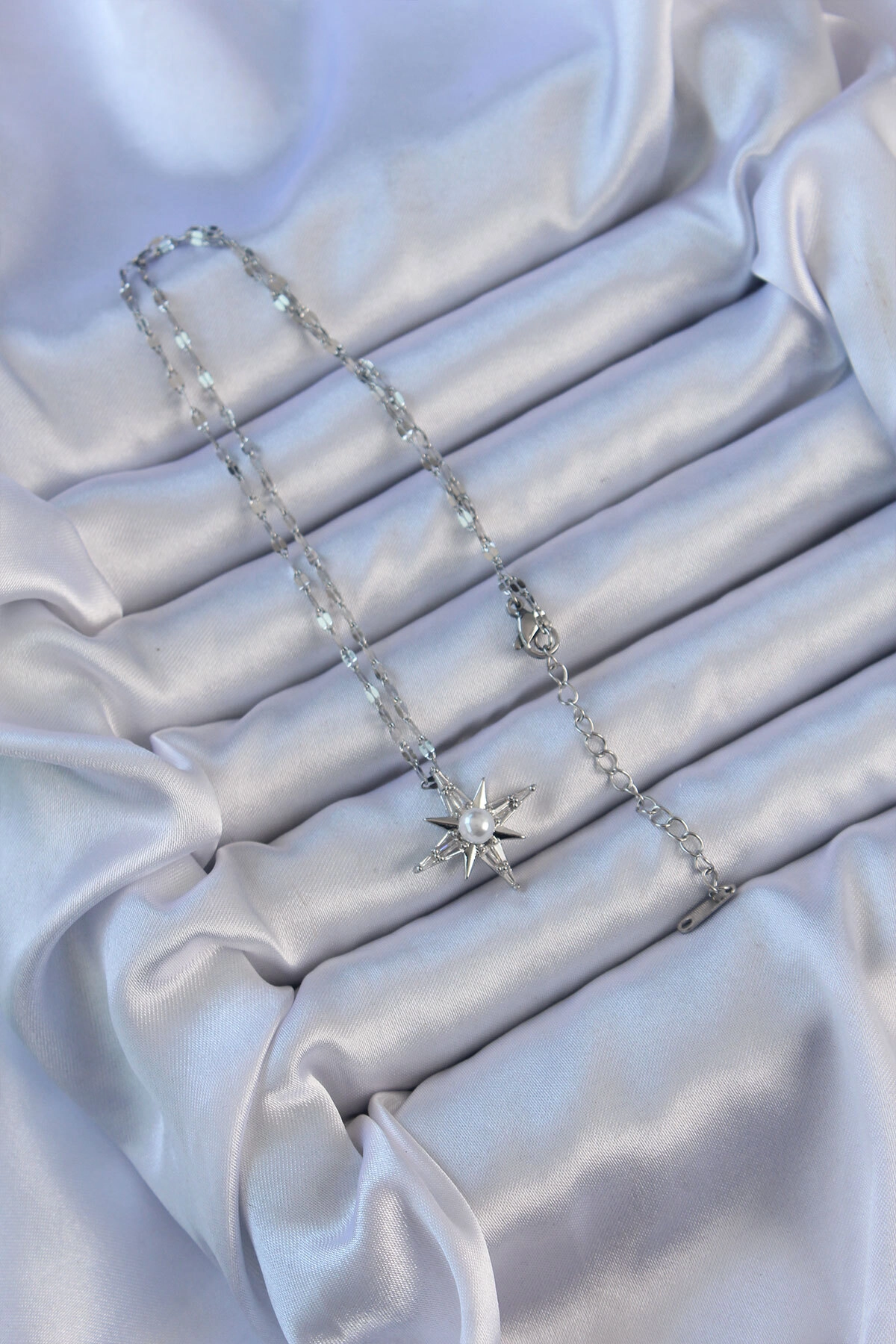 316L Çelik Zincir Gümüş Renk Baget Taşlı İnci Detay Kutup Yıldızı Kolye-1