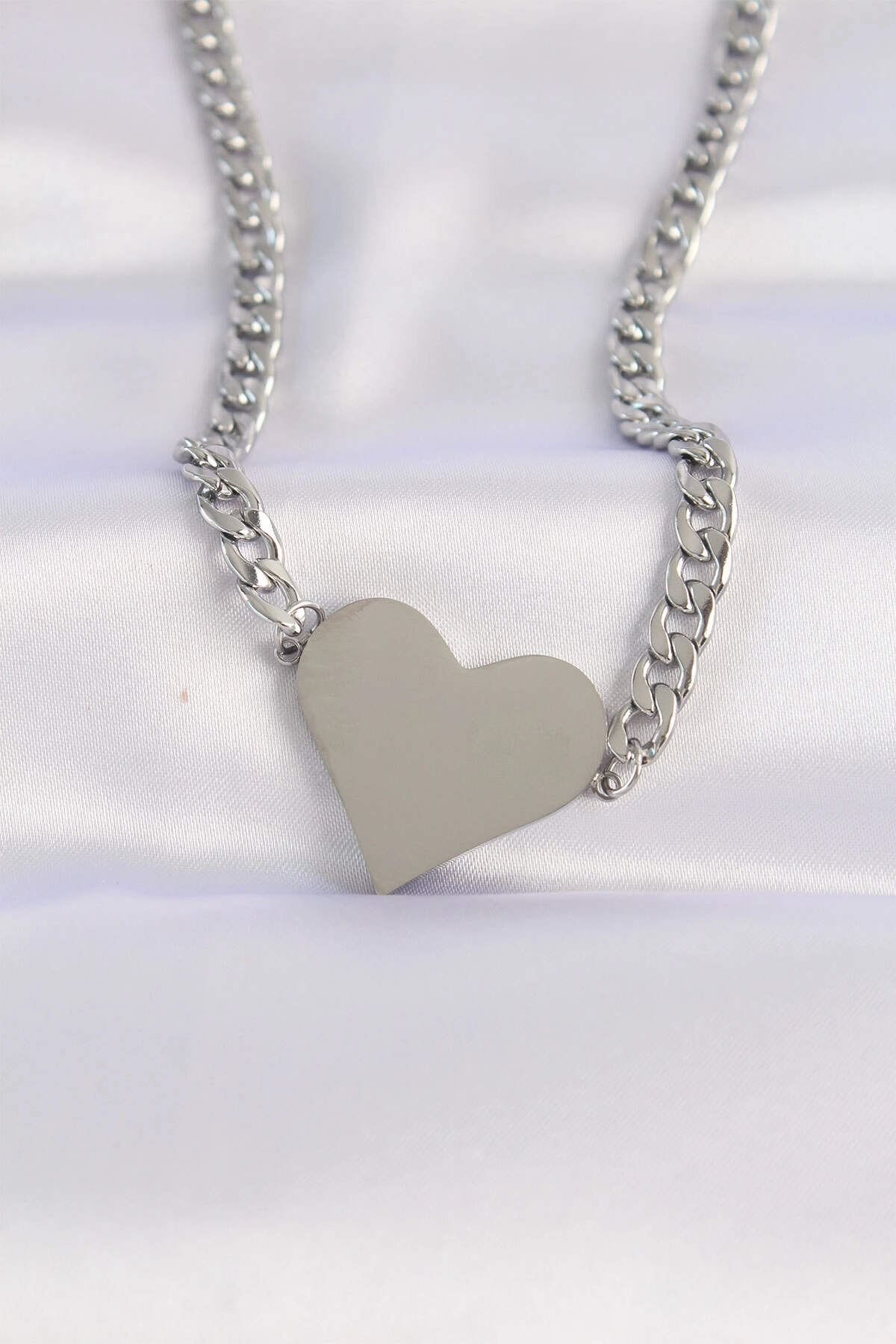 316L Çelik Zincir Gümüş Renk Düz Plaka Kalp Kolye-0