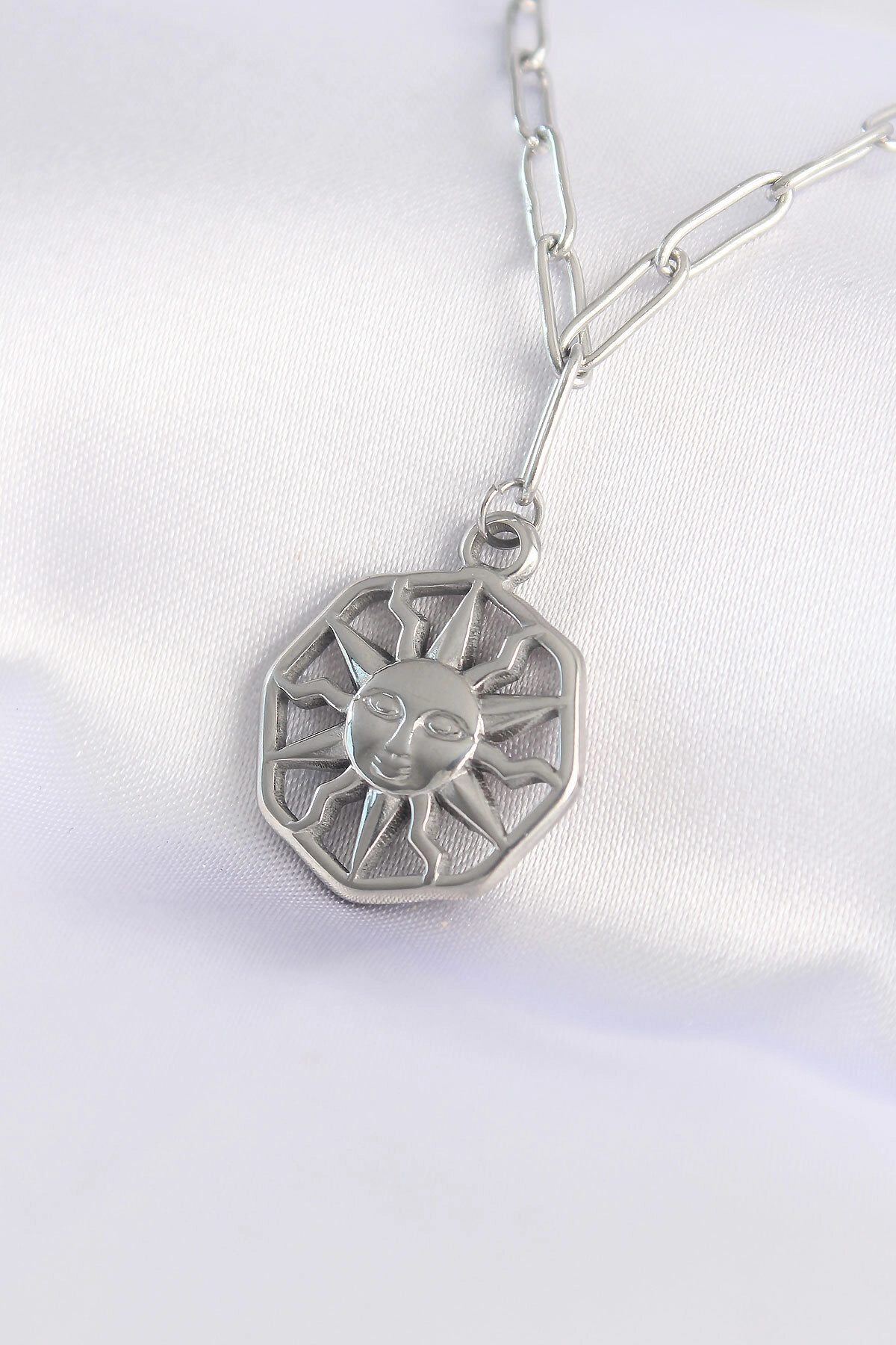 316L Çelik Zincir Gümüş Renk Güneş Kolye-0
