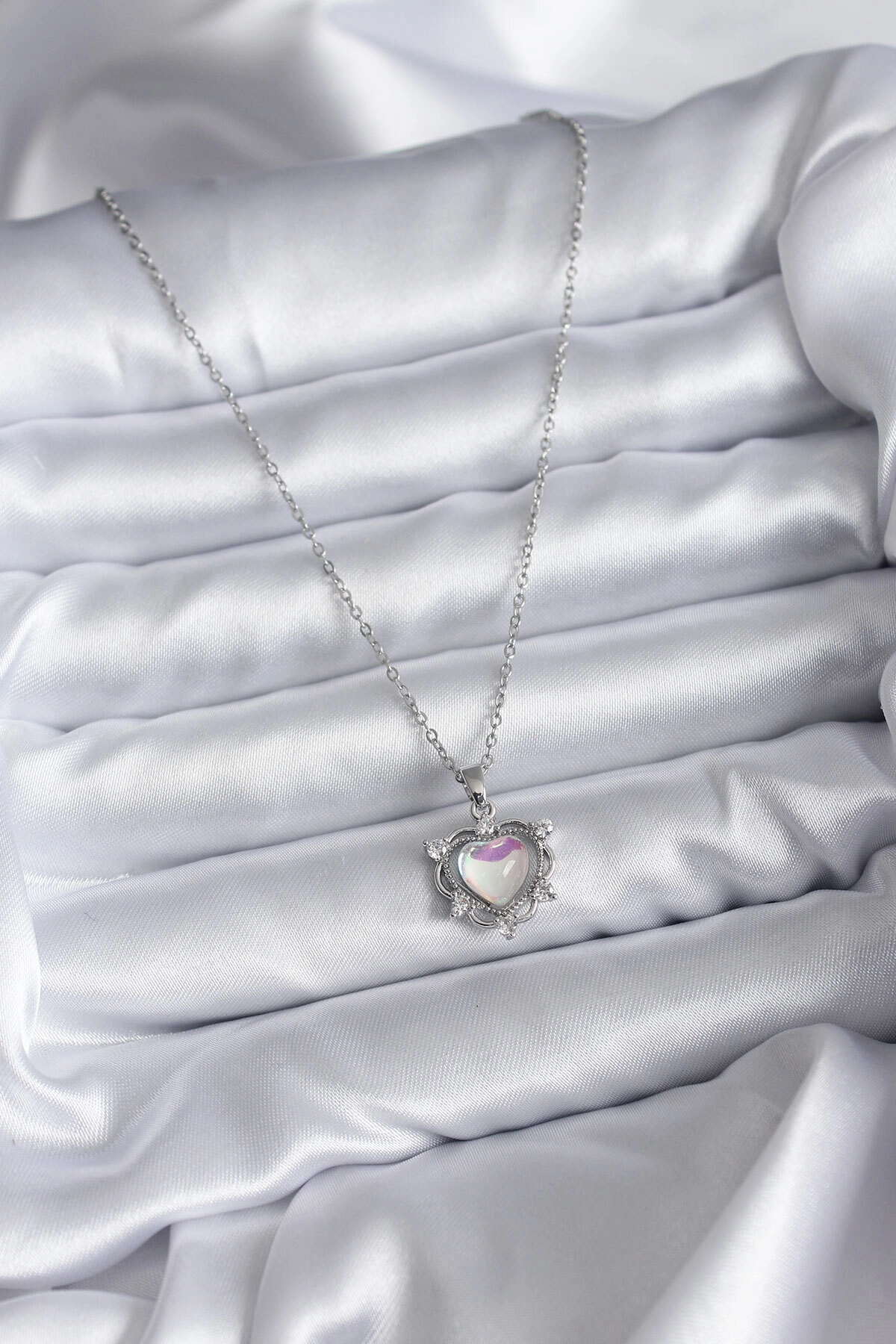 316L Çelik Zincir Gümüş Renk Kalp Model Kadın Kolye-1