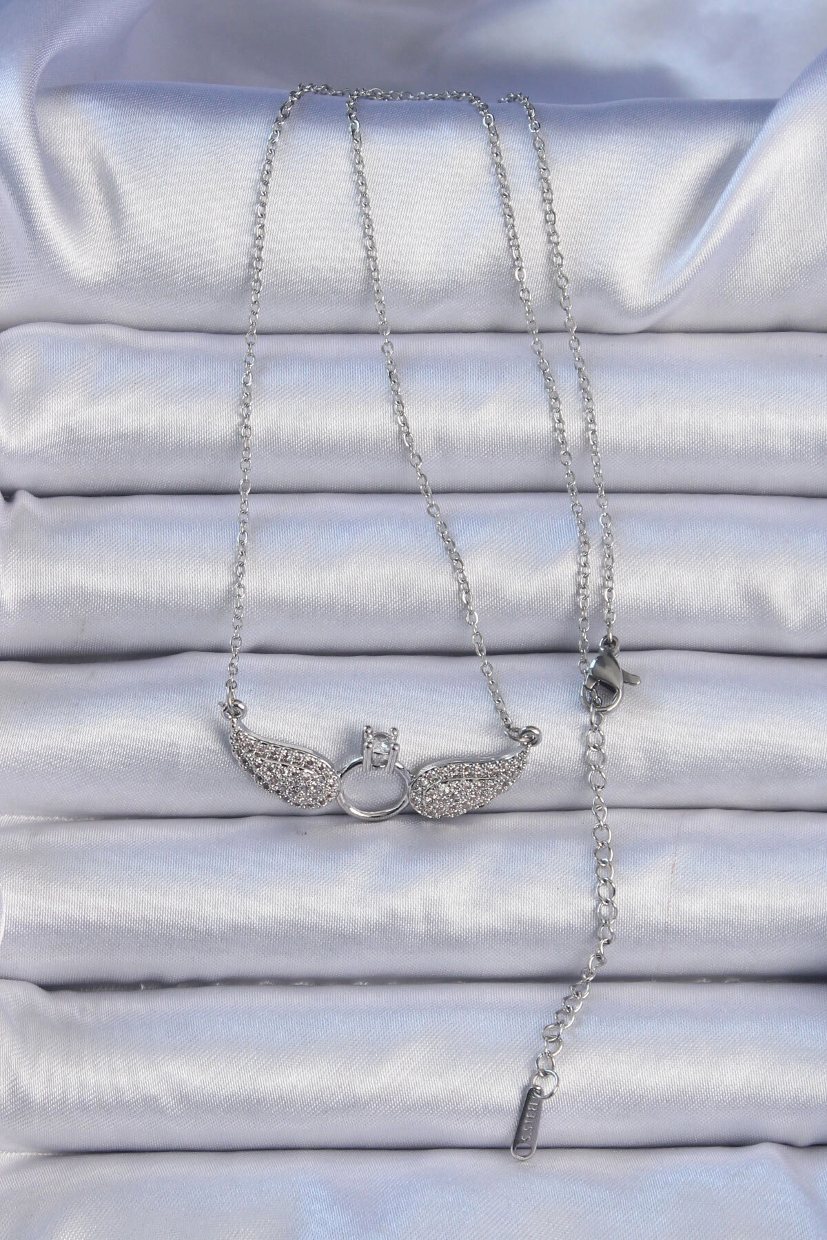 316L Çelik Zincir Gümüş Renk Kanatlı Tektaş Kolye-1