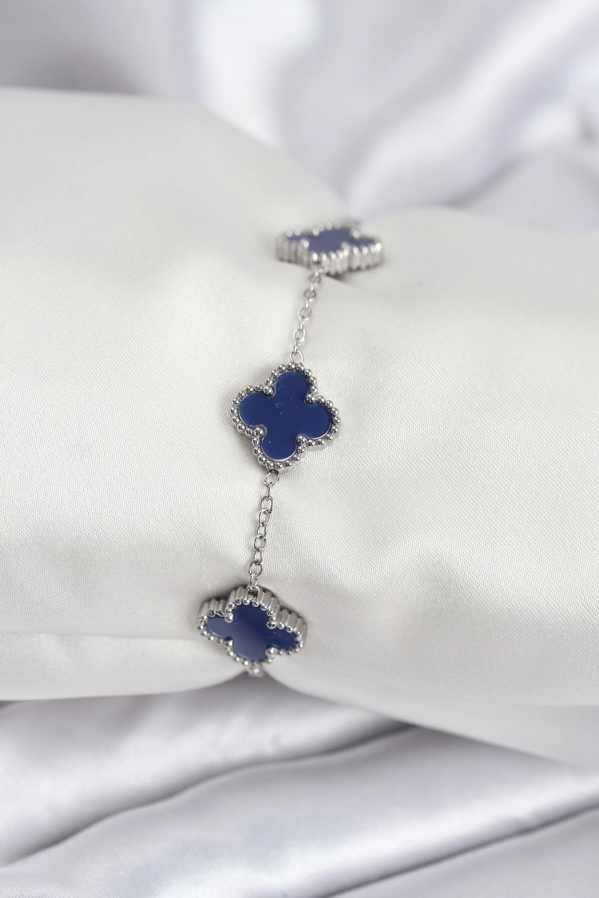 316L Çelik Zincir Gümüş Renk Lacivert Yonca Kadın Bileklik-0