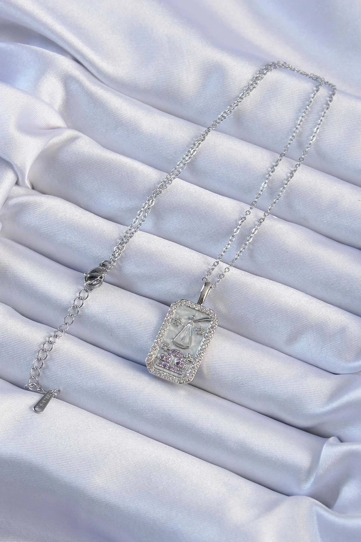 316L Çelik Zincir Gümüş Renk Lila Zirkon Taşlı Tarot Kolye-1