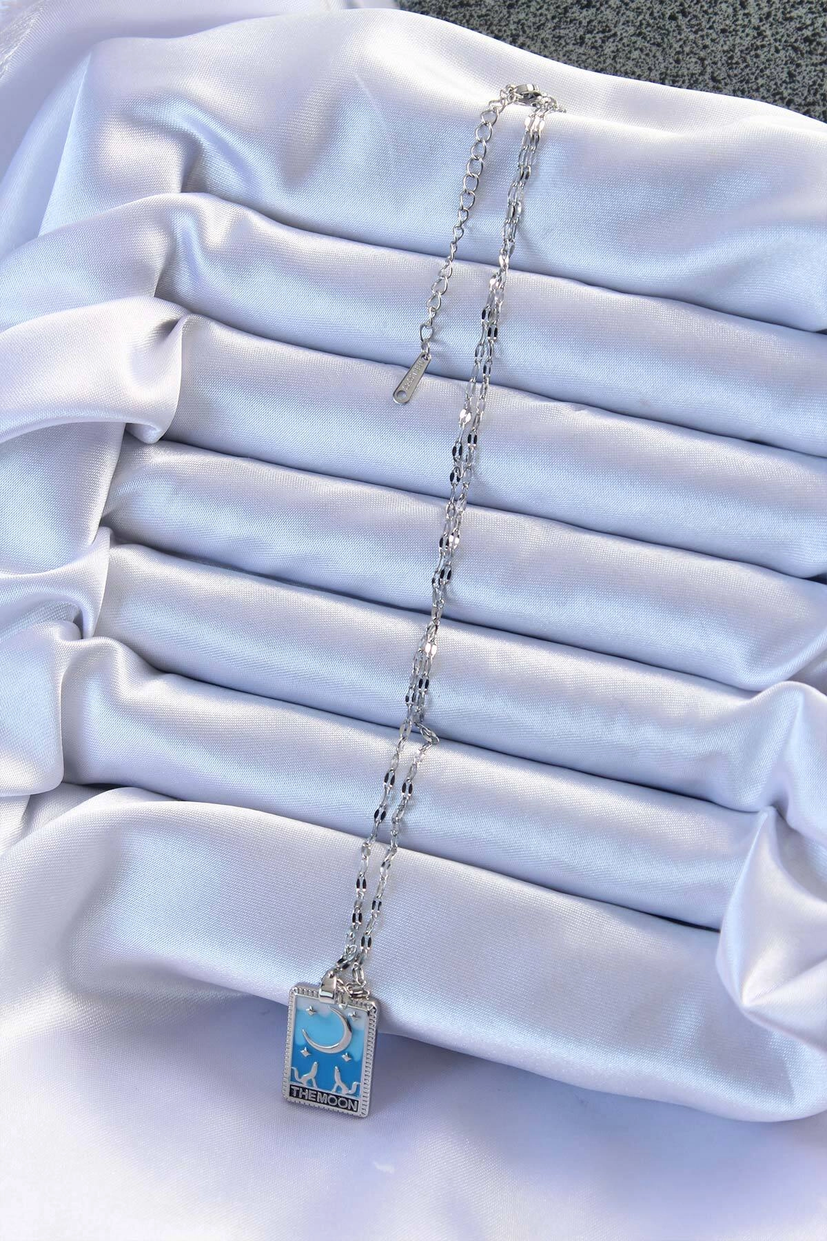 316L Çelik Zincir Gümüş Renk Mavi Mineli Ay Figür Tarot Kolye-1