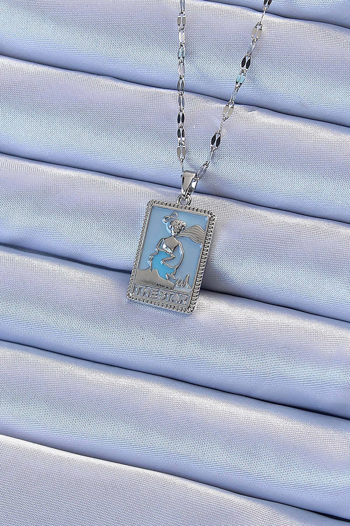 316L Çelik Zincir Gümüş Renk Mavi Mineli Tarot Kolye-0