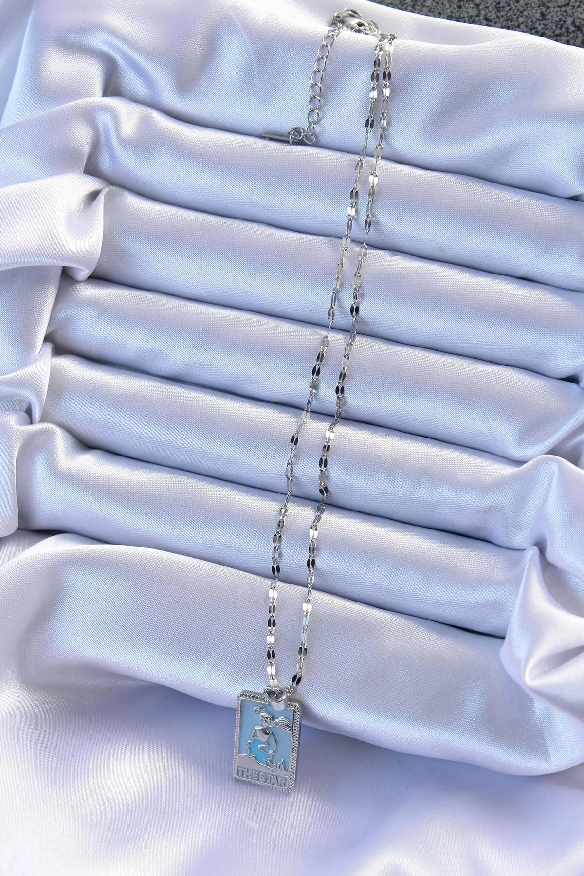 316L Çelik Zincir Gümüş Renk Mavi Mineli Tarot Kolye-1