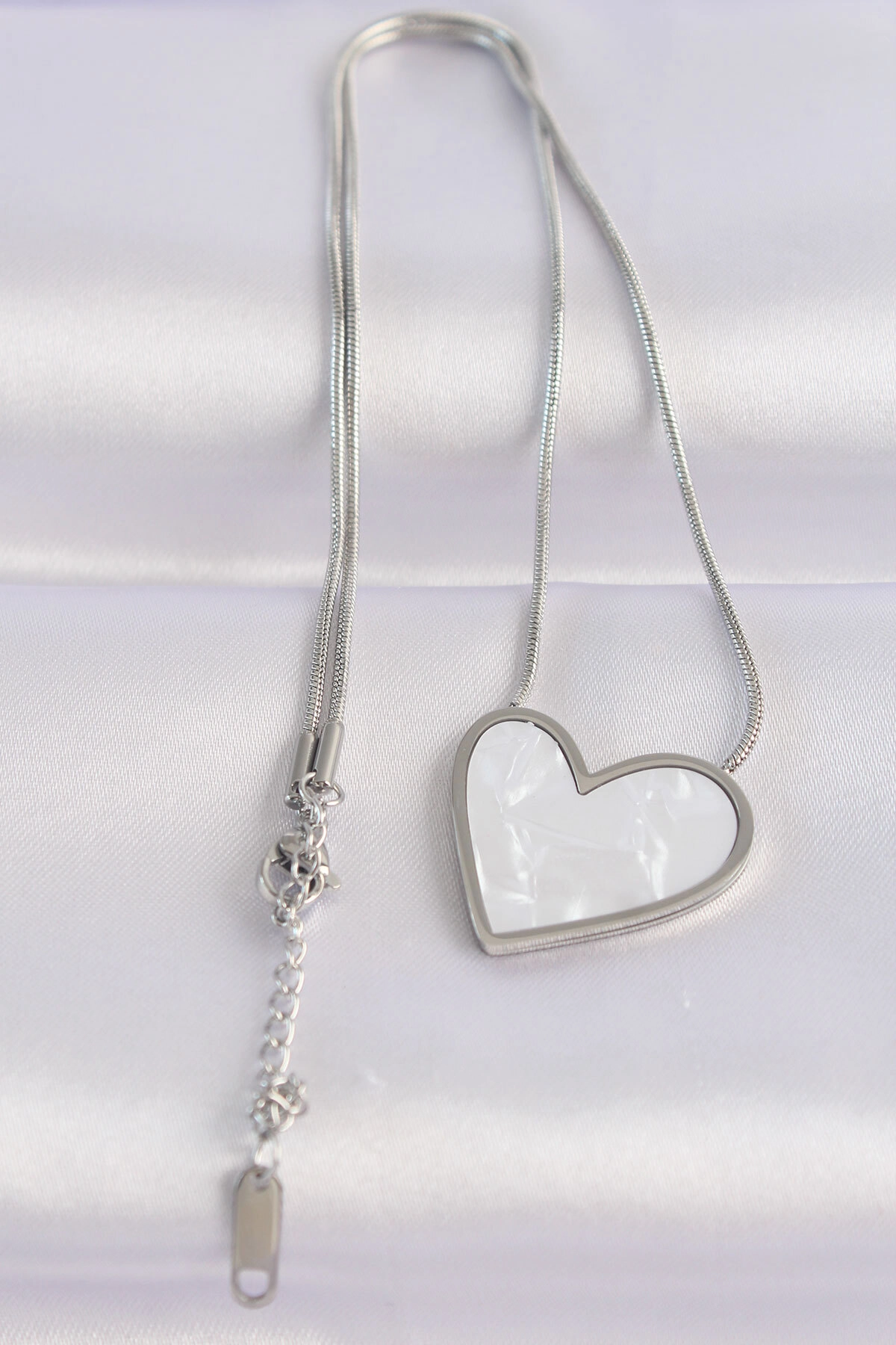 316L Çelik Zincir Gümüş Renk Mermer Desenli Kalp Kolye-1
