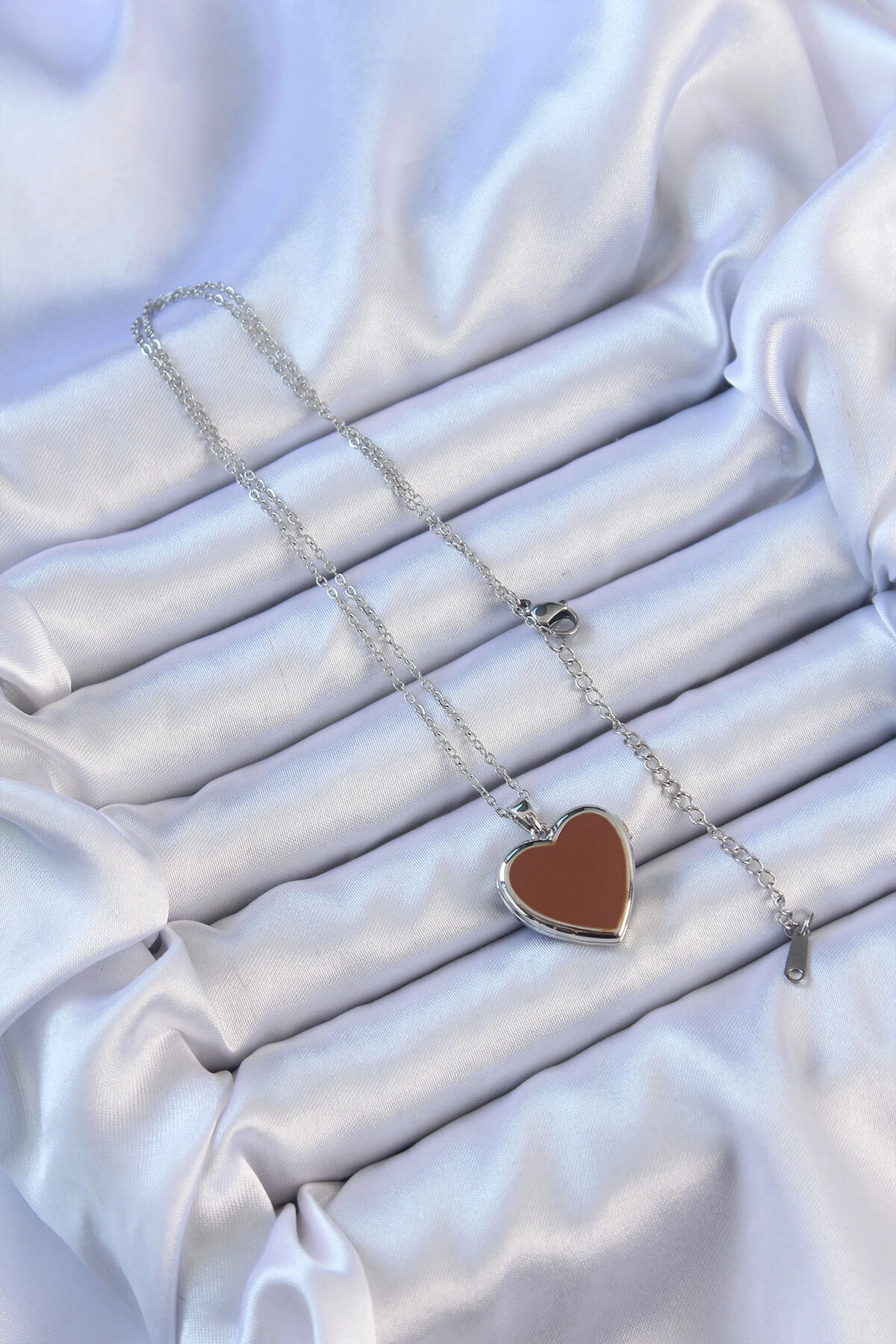 316L Çelik Zincir Gümüş Renk Mineli İçi Açılan Kalp Kolye-1