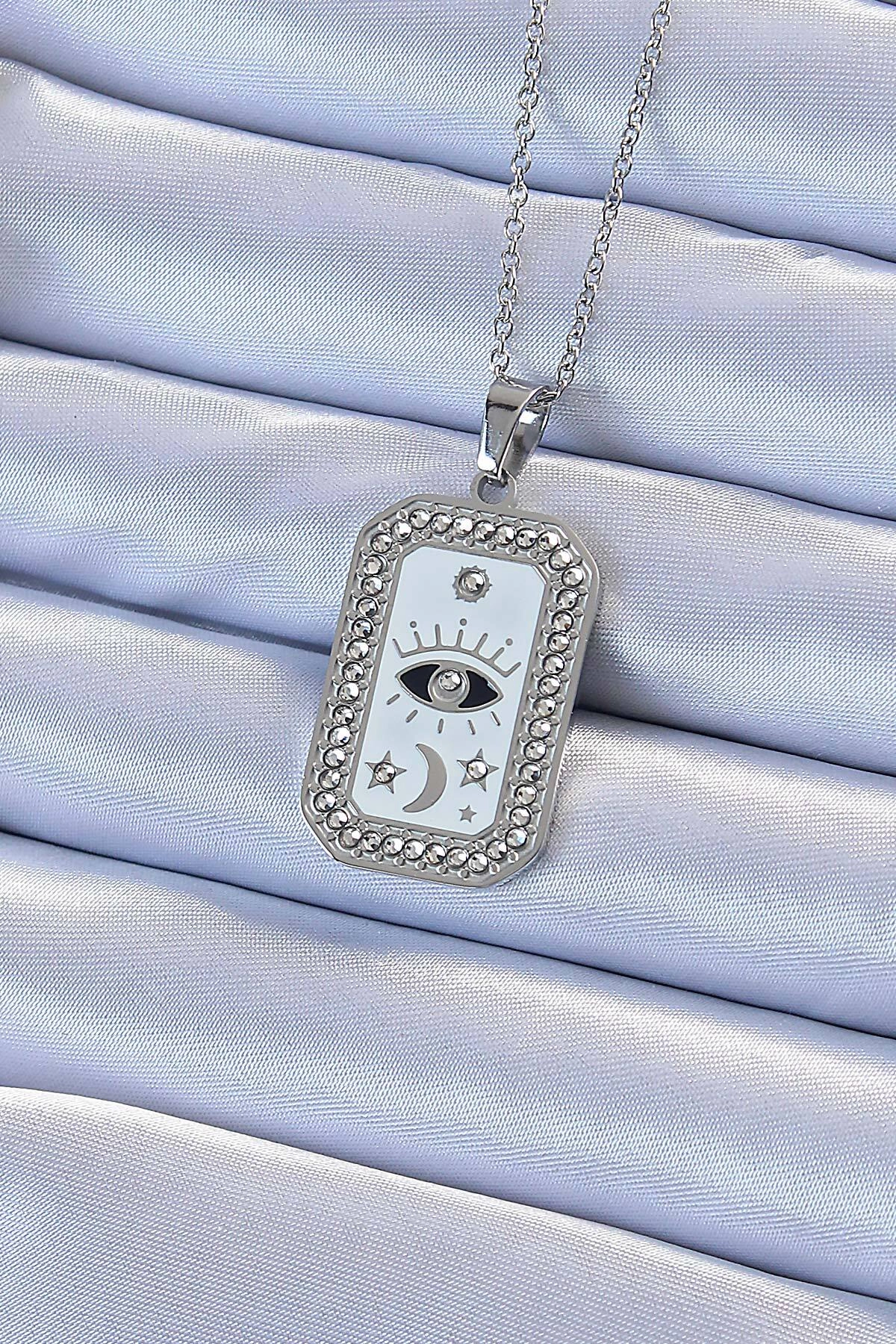 316L Çelik Zincir Gümüş Renk Mineli Zirkon Taşlı Göz Figür Tarot Kolye-0