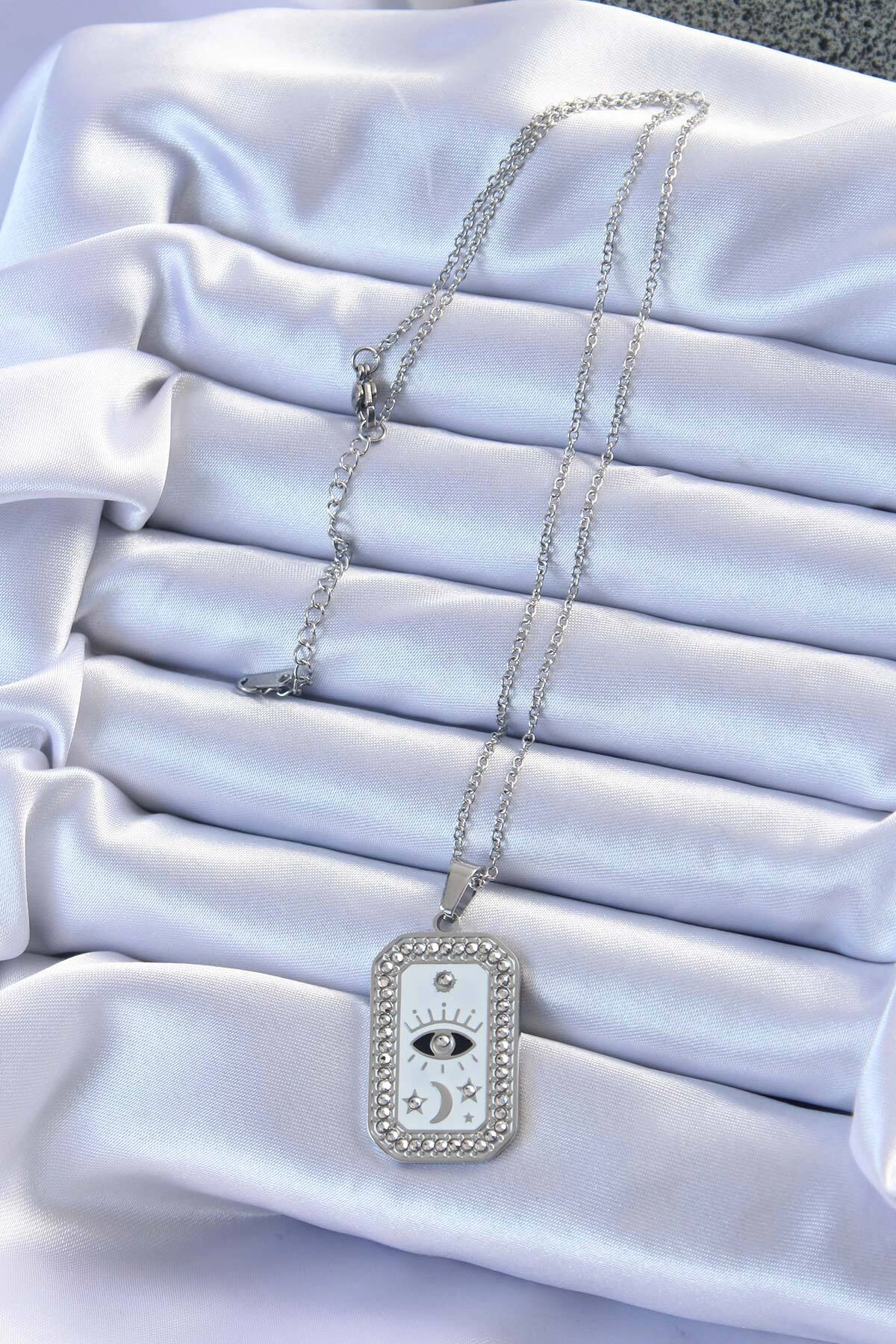316L Çelik Zincir Gümüş Renk Mineli Zirkon Taşlı Göz Figür Tarot Kolye-1