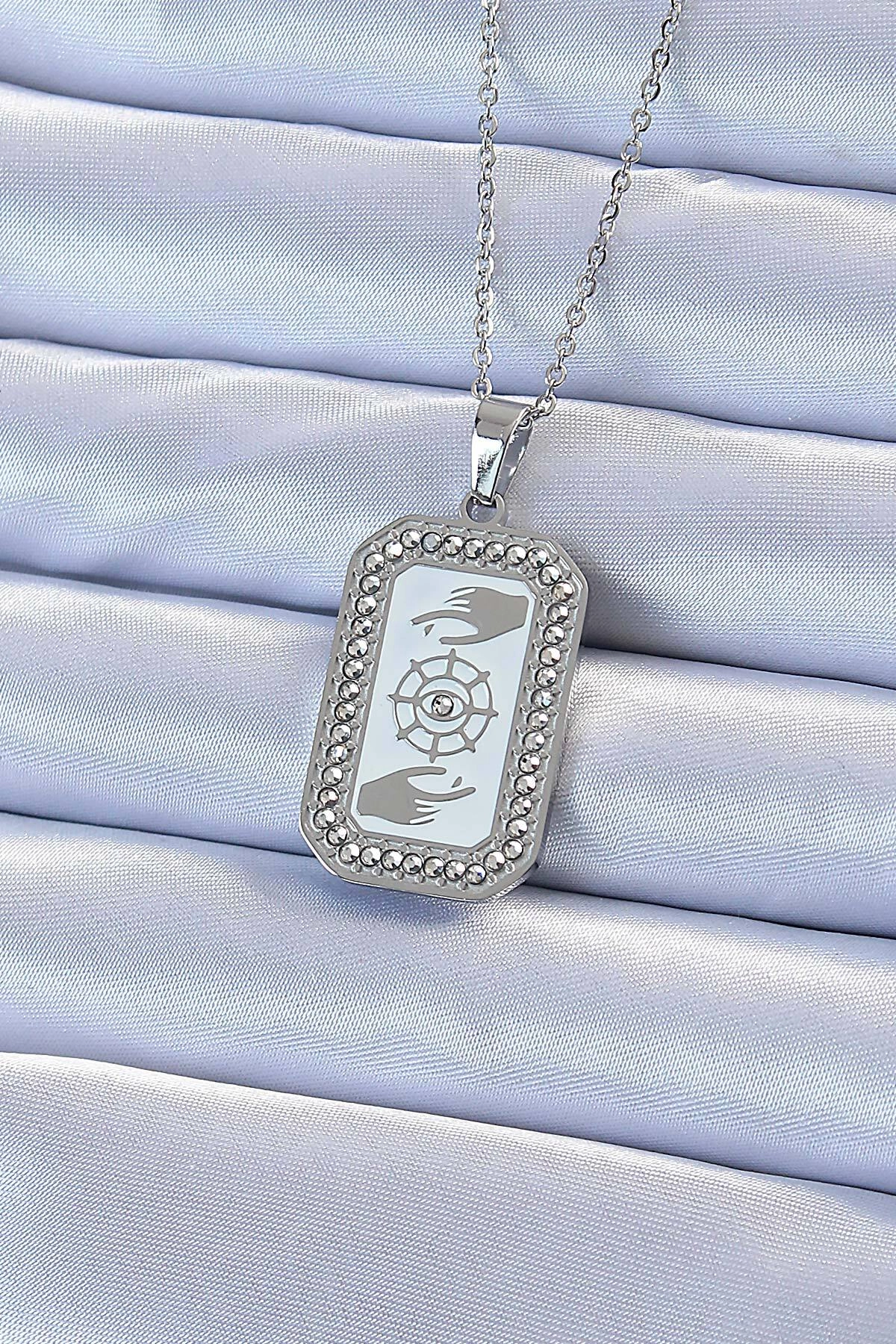 316L Çelik Zincir Gümüş Renk Mineli Zirkon Taşlı Göz Figür Tarot Kolye-0