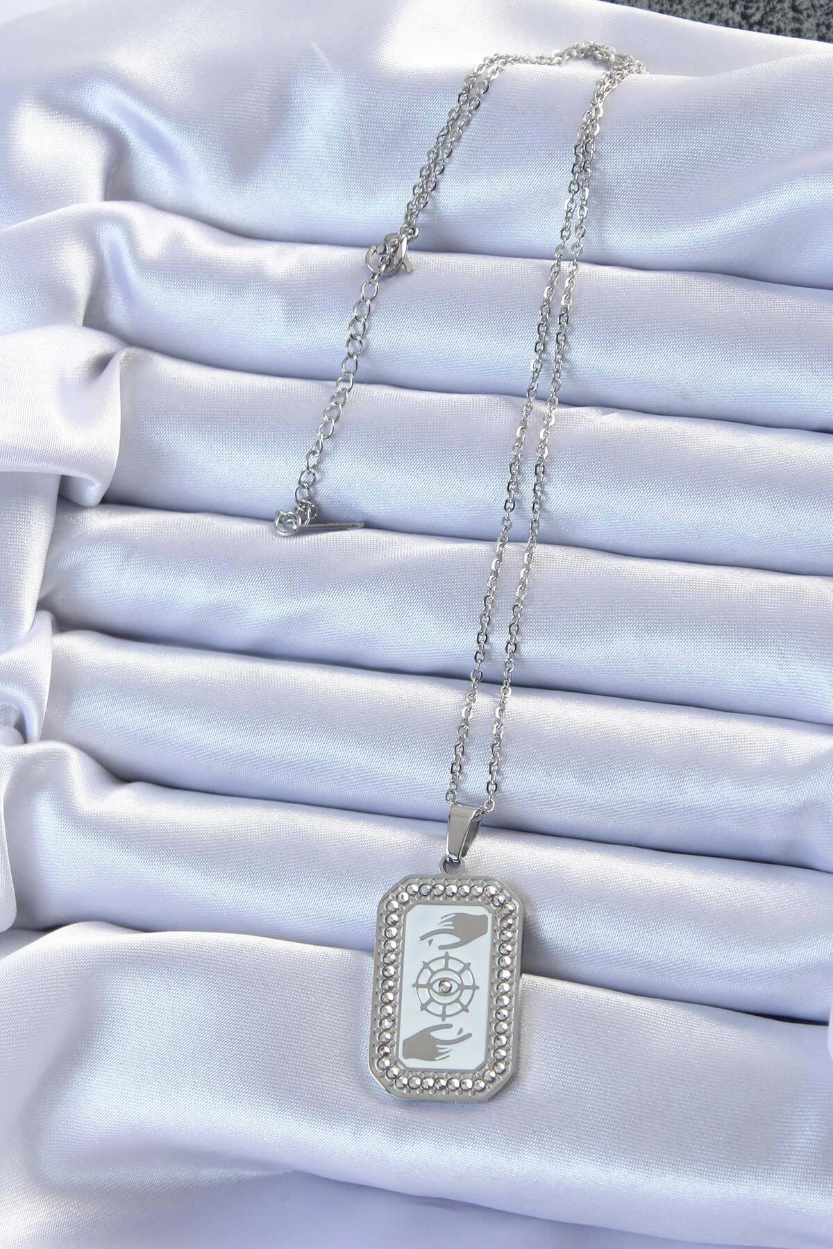 316L Çelik Zincir Gümüş Renk Mineli Zirkon Taşlı Göz Figür Tarot Kolye-1